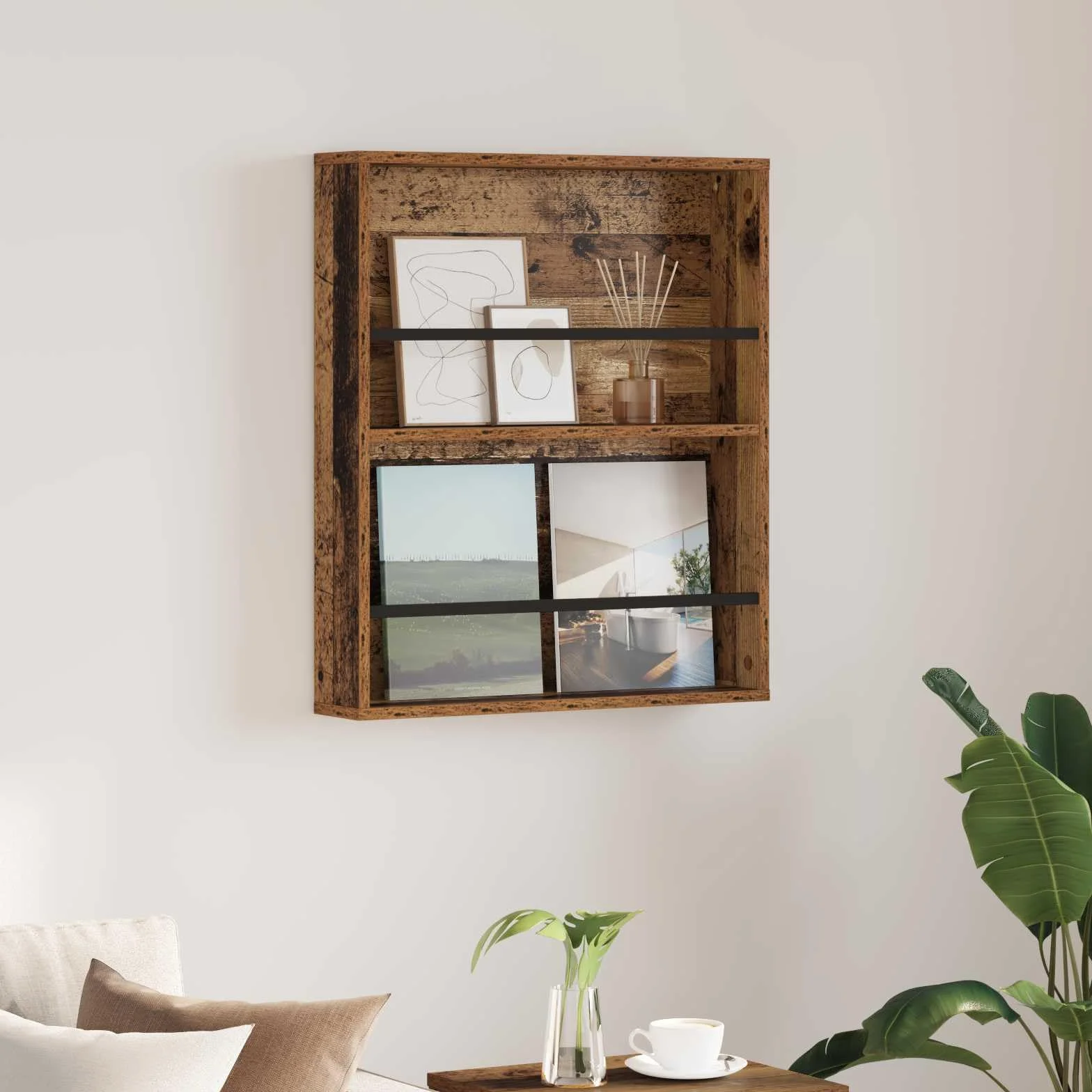 Générique Nowoczesny stojak na czasopisma ścienny z drewna inżynieryjnego 60x12x70 cm, regał na czasopisma z regulowanym schowkiem do salonu lub biura