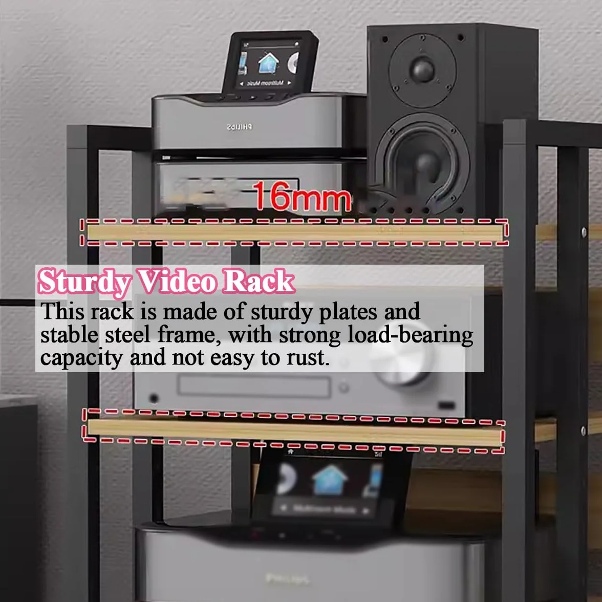 Domowa szafka stereo, wolnostojący stojak na nośniki do odtwarzacza płyt, głośnika, wzmacniacza, odbiornika - komponent audio, jednostka do przechowywania rozrywki do salonu i klubów