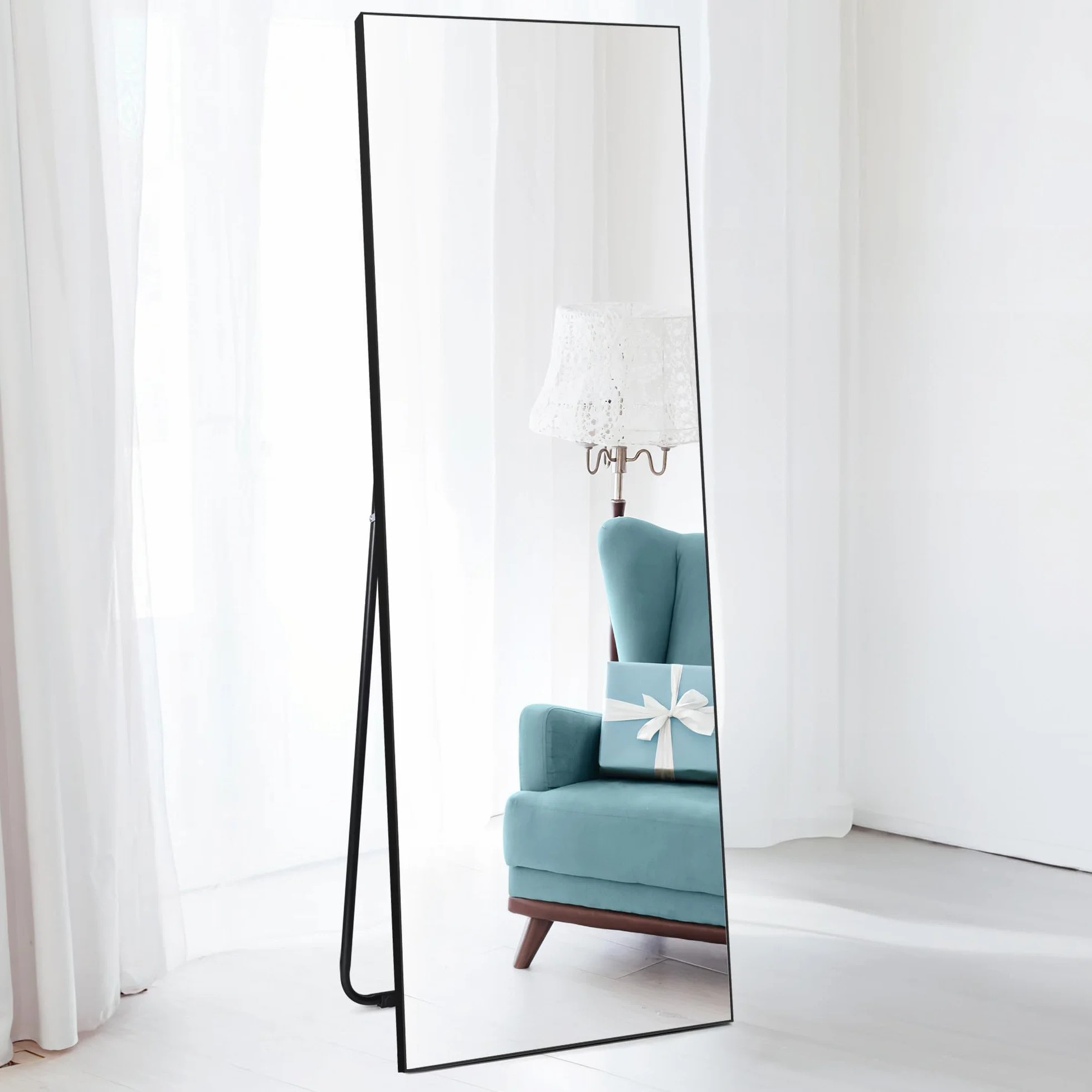 Lustro podłogowe 150 x 51 cm, prostokątne czarne lustro ścienne, wysokiej jakości lustro do umieszczenia na ścianie lub podłodze