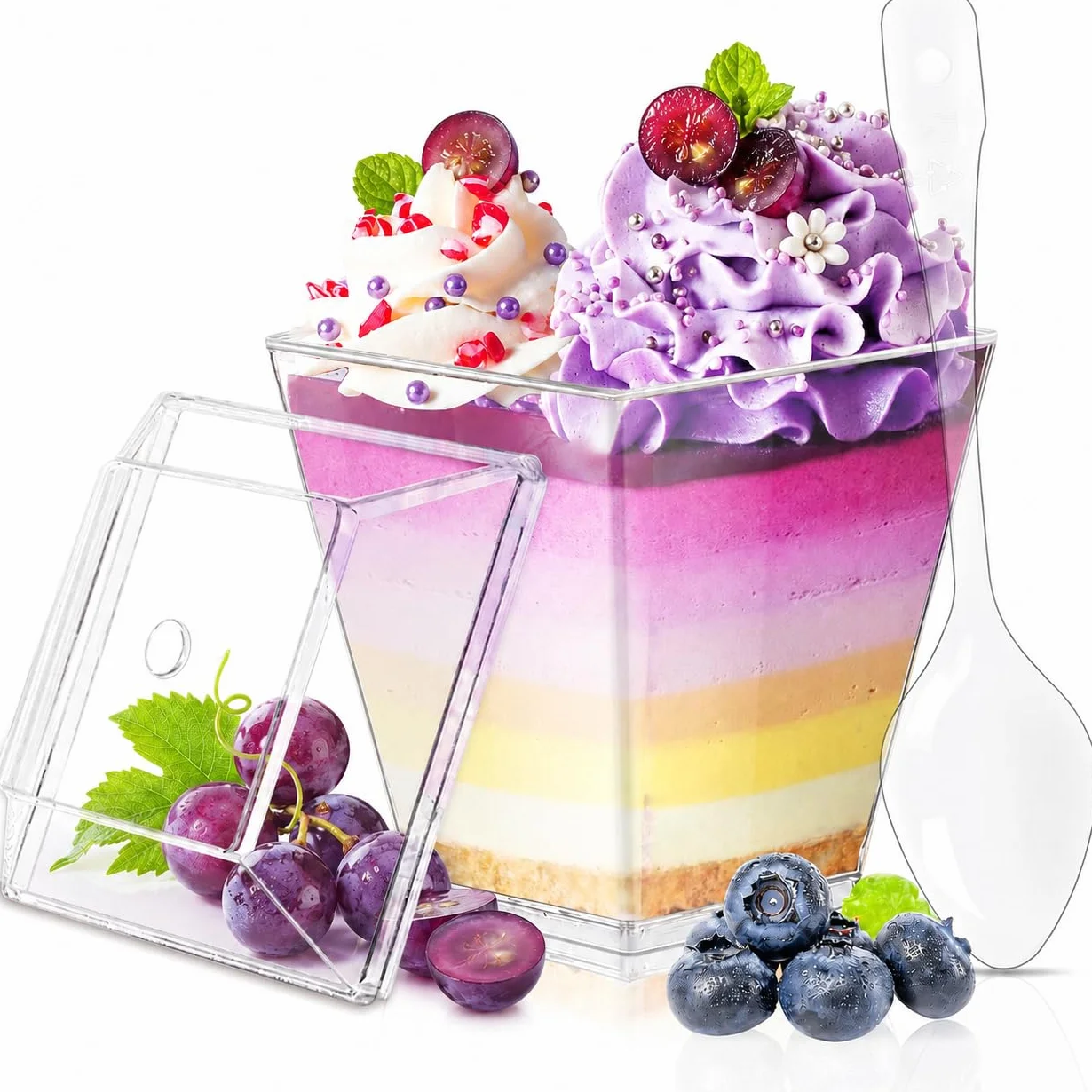 30 sztuk plastikowych kubków deserowych, 150 ml, zestaw 30 łyżek do zupy, 30 pokrywek DIY, przezroczyste, wielokrotnego użytku, do musu, budyniu, lodów, bufetów, deserów, pikników