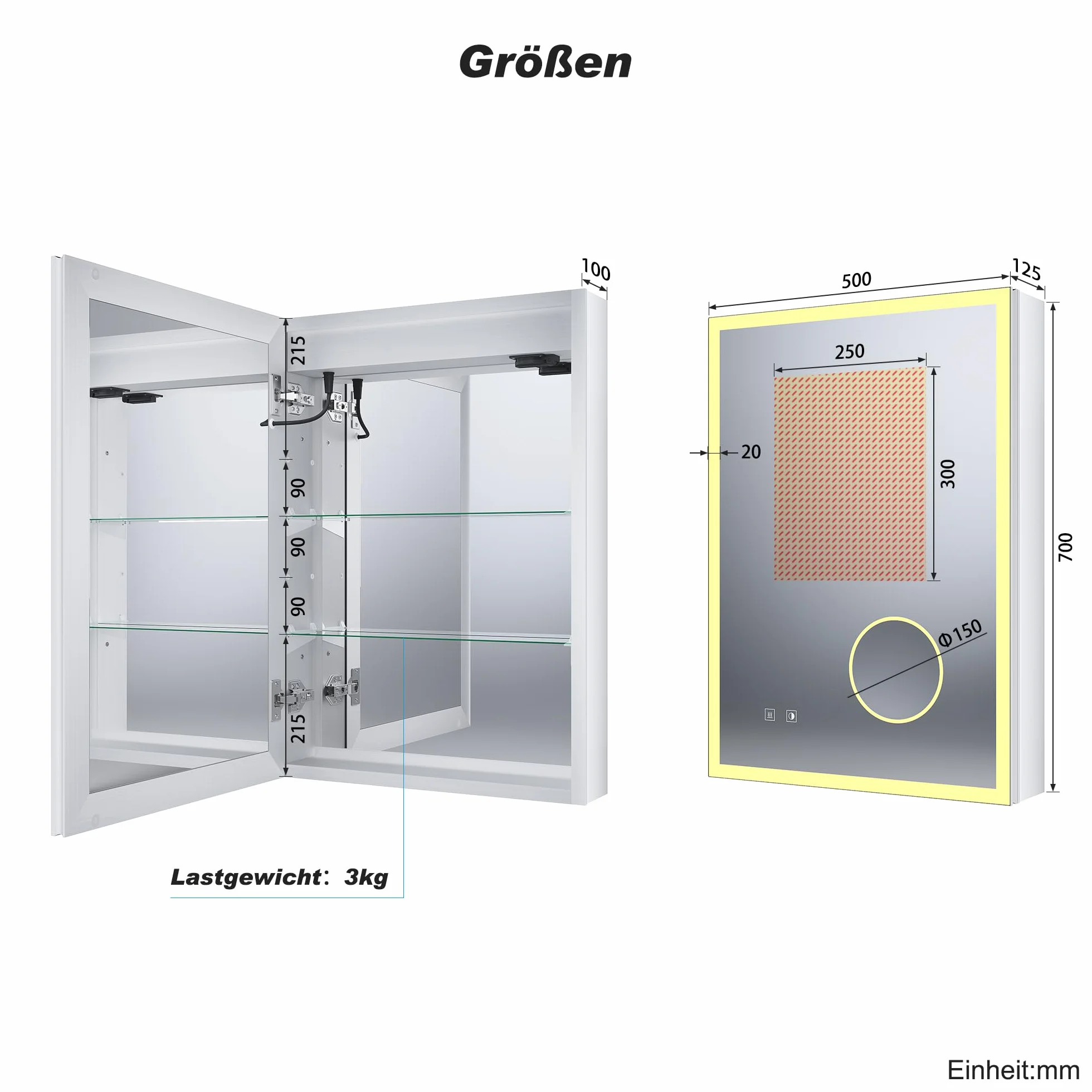 SONNI Szafka łazienkowa z lustrem LED z 3-krotnym powiększeniem i gniazdkiem 70 x 50 cm, aluminiowa szafka z lustrem z włącznikiem dotykowym, 3 kolory światła + defogging, IP44 wodoodporna