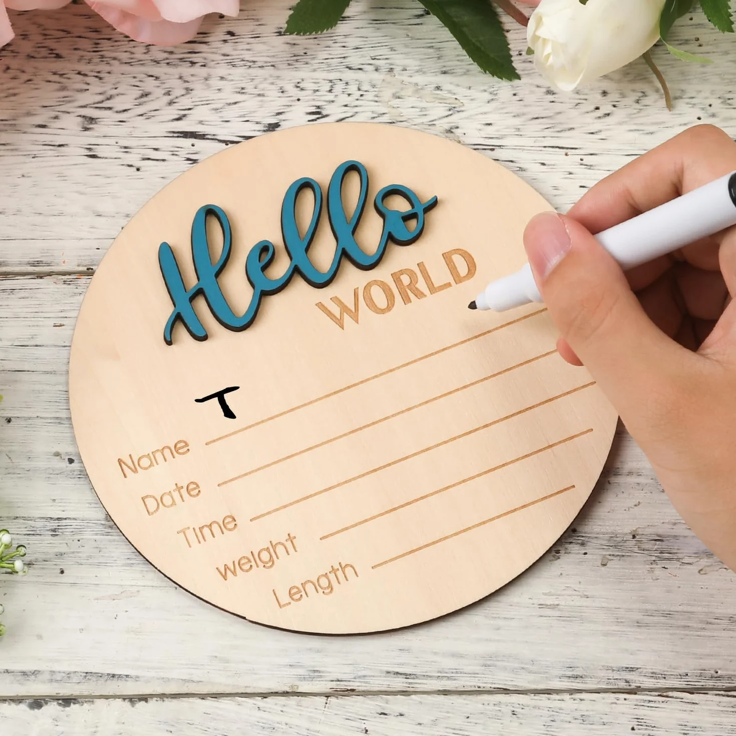 Znak Ogłoszenia Dziecka, 15cm Drewniany Hello World Znak Powitalny Noworodka Tabliczki z Imieniem Dziecka do Rekwizytów Fotograficznych Baby Shower Przedszkole Szpitalne (Niebieski)