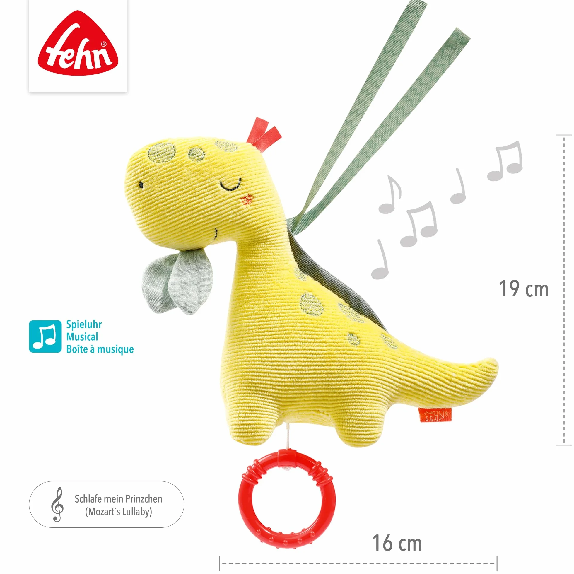 Fehn 051018 Mini-Spieluhr Dino – Kuscheltier & Einschlafhilfe: Melodie „Mozarts Wiegenlied“ beruhigt in jeder Situation – idealer Begleiter für zuhause & unterwegs – für Babys & Kleinkinder