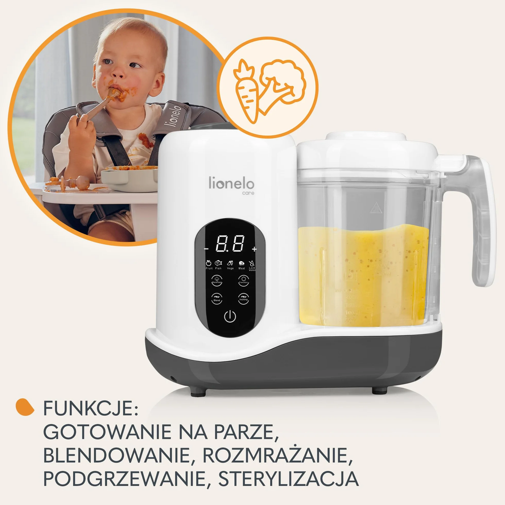 LIONELO BABYMENU Wielofunkcyjny Robot Kuchenny do Przyrządzania Posiłku dla Niemowląt 300 4 Programy Gotowanie na Parze, Blendowanie Podgrzewanie Rozmrażanie, Przepisy on-line