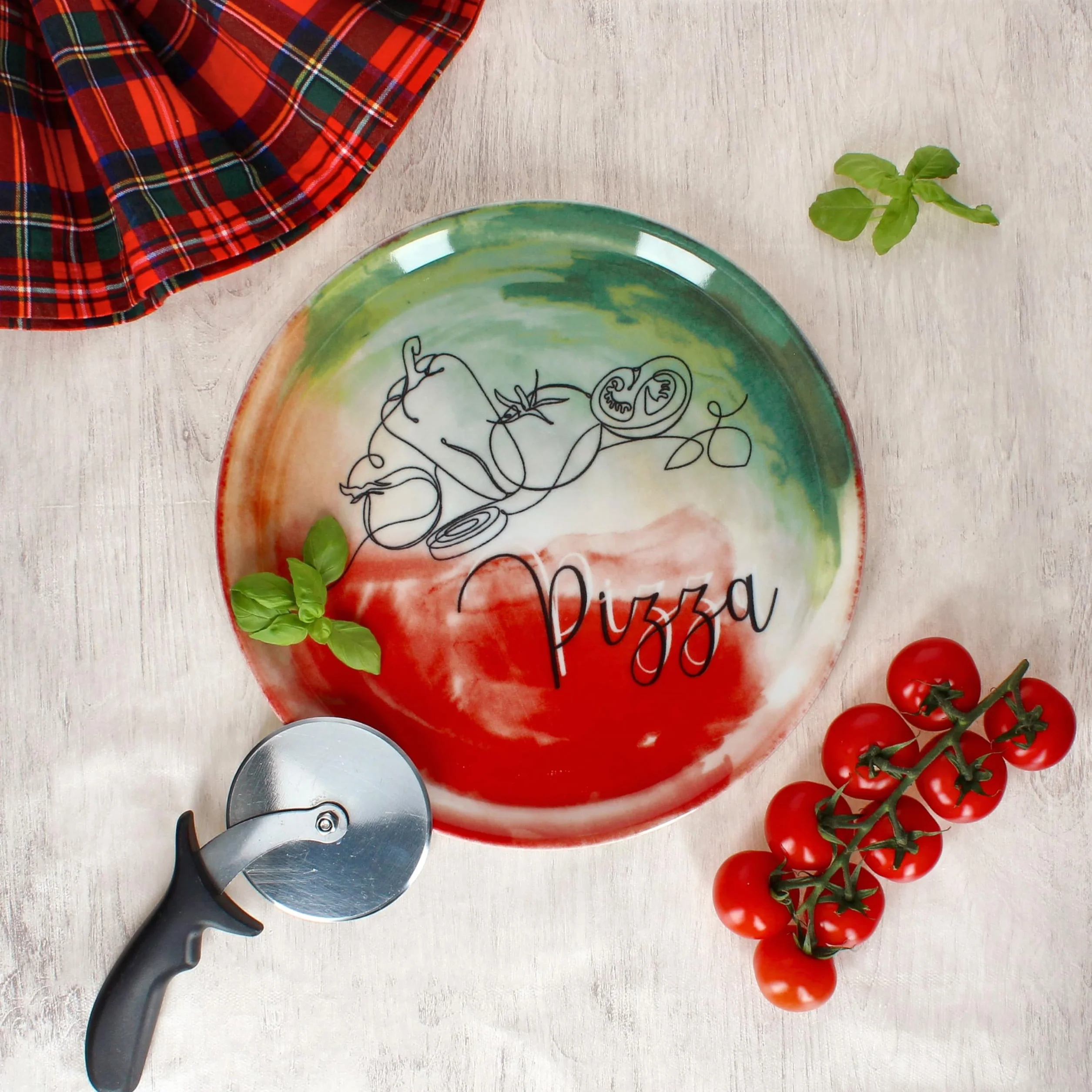 MamboCat Zestaw 4 talerzy do pizzy z warzywami i olejami, Ø 31 cm, dla 4 osób, duże talerze do pizzy z porcelany z dekoracją i napisem, do pizzy lub do przyrządzania I talerz obiadowy XL, półmisek do