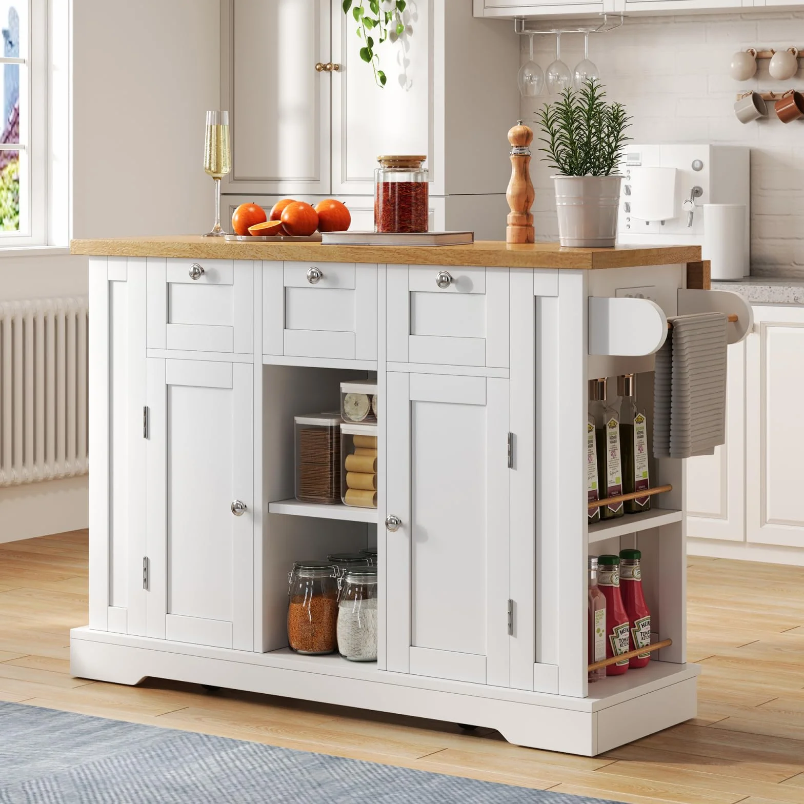 Wyspa kuchenna ze składanym blatem roboczym, wózek kuchenny z 2 drzwiami i 3 szufladami, wózek kuchenny z wbudowanym gniazdkiem, do kuchni i jadalni, 132 x 40 x 87 cm, biały