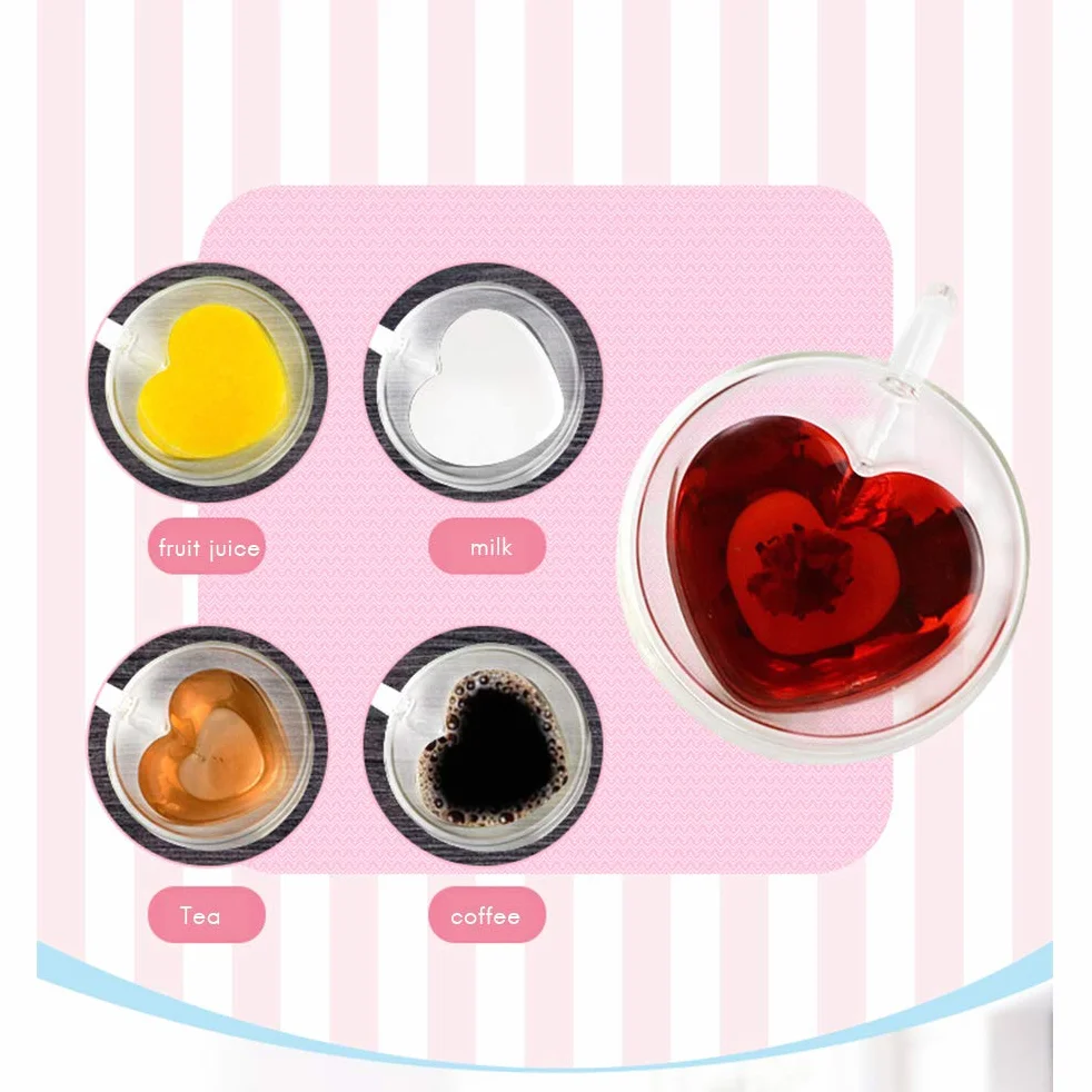 Szklany kubek, w kształcie serca podwójna ściana szklany kubek żaroodporny kubek do herbaty 180 ml/240 ml