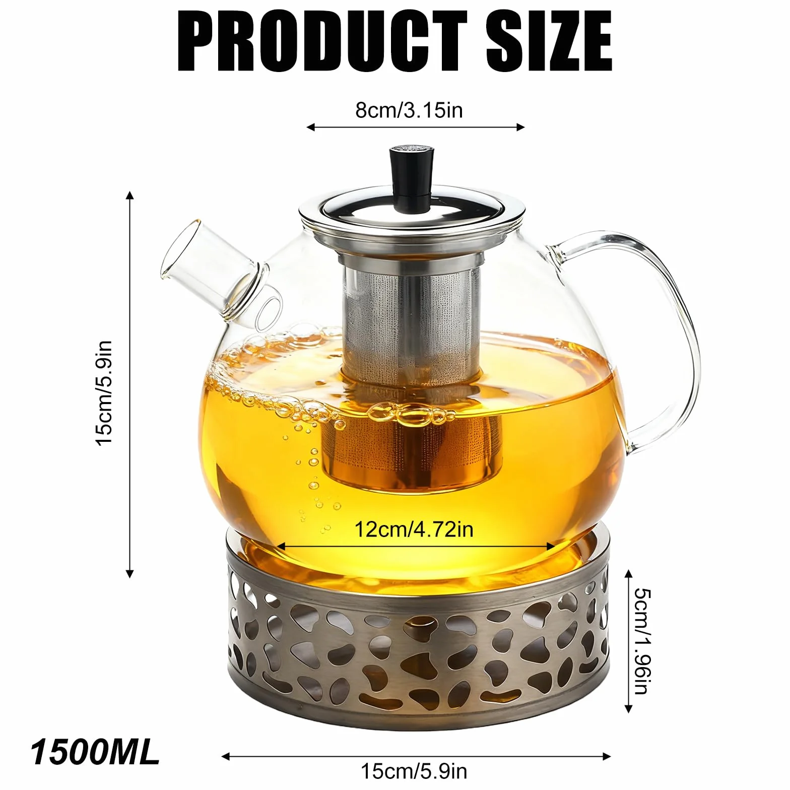 Dzbanek do herbaty ze szkła borokrzemowego, 1500 ml, z sitkiem, podgrzewaczem i pokrywką, nadaje się do mycia w zmywarce, do luźnej herbaty, herbaty owocowej, długo utrzymuje ciepło (1,5 l, nadaje się