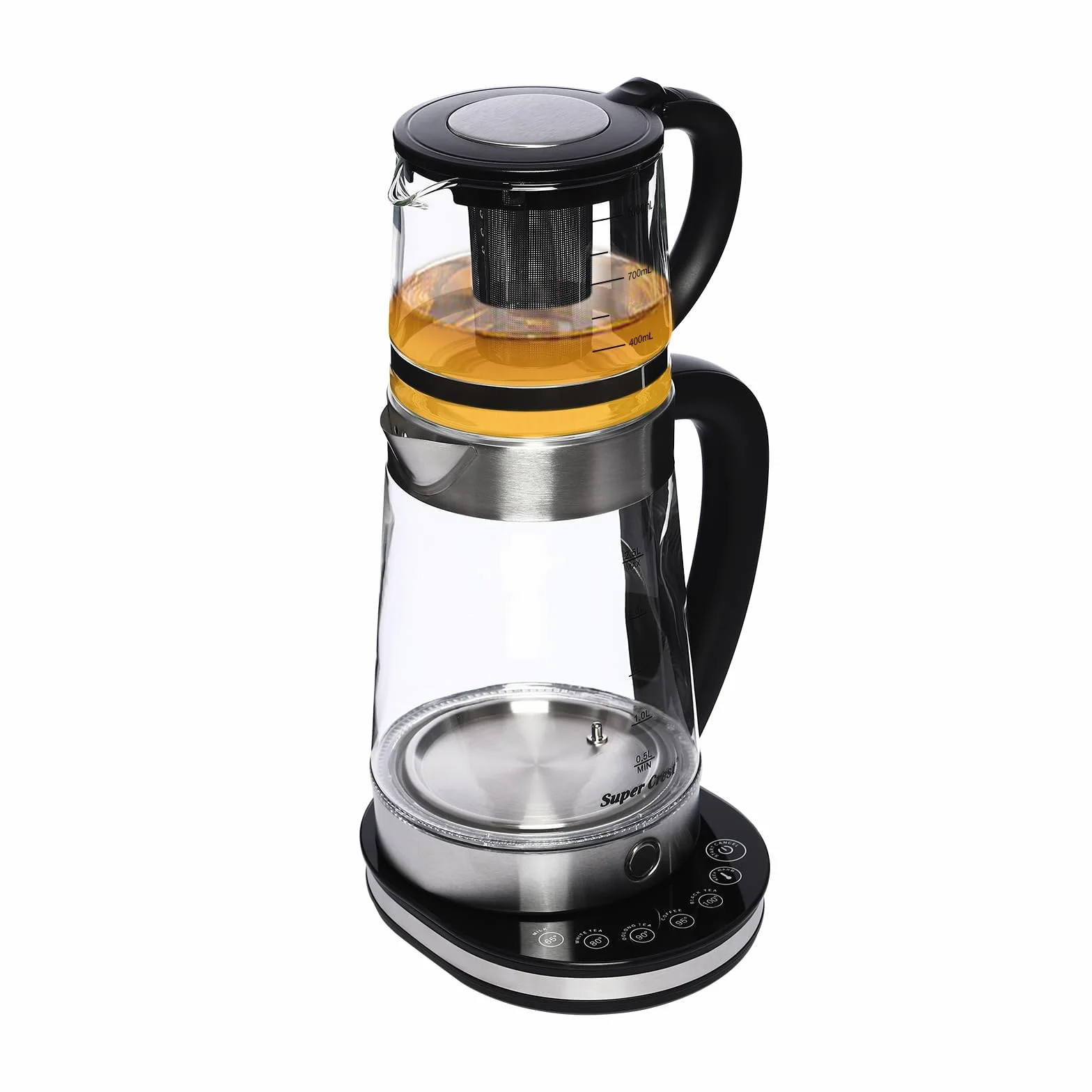 Elektryczny szklany czajnik elektryczny 1500 W, 2,5 l + 1 l, termos do herbaty, automatyczne wyłączanie z wyświetlaczem LCD, ekspres do herbaty, kawy, przezroczysty, szybkie nagrzewanie z filtrem
