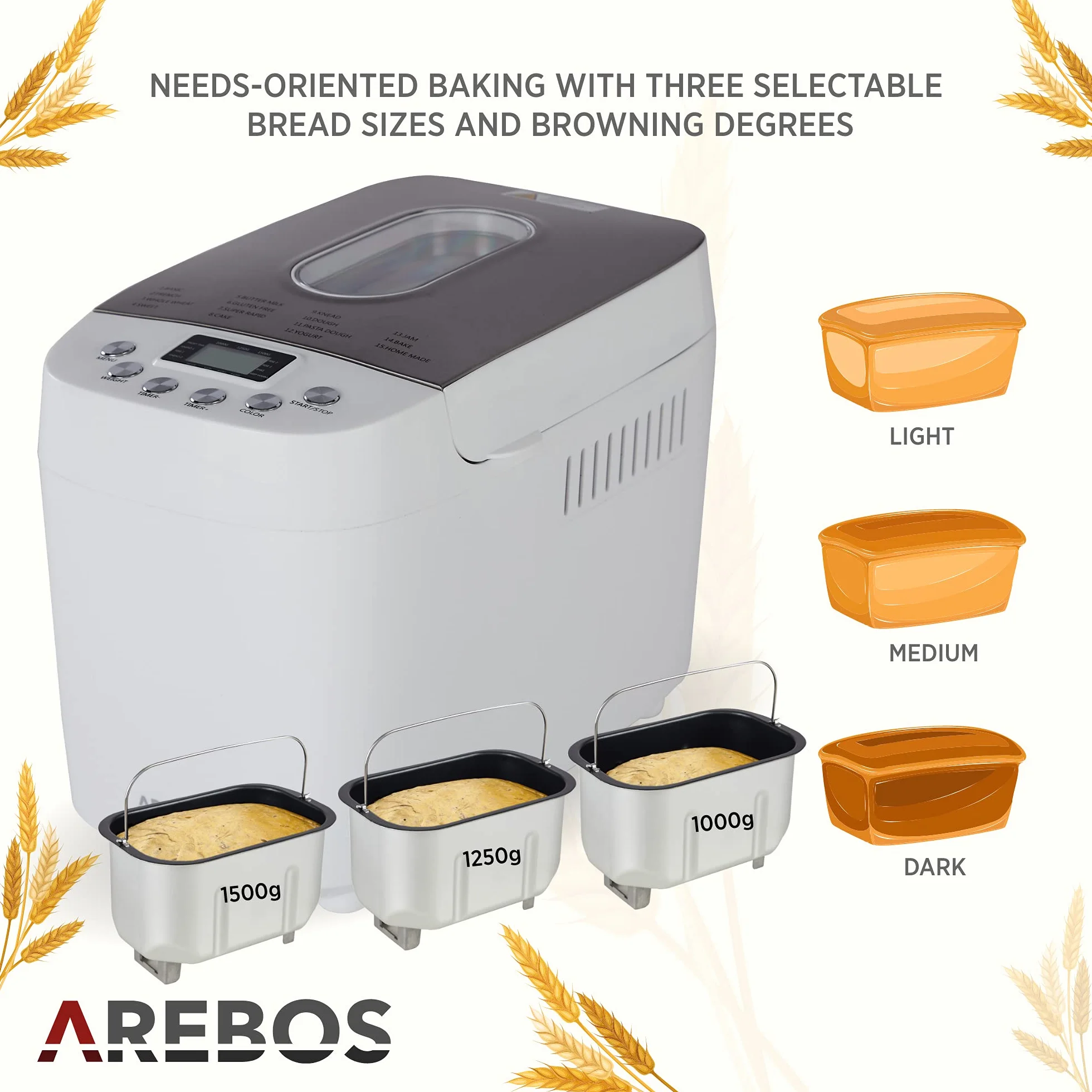 Arebos Wypiekacz do chleba 1500g 850W 15 programów LCD Biały