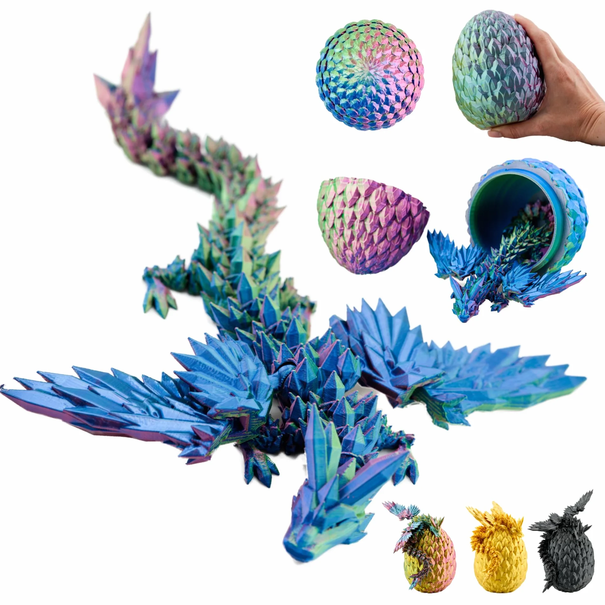 3D Smok ze skrzydłami w jaju – 20 cm dekoracyjna figurka kolekcjonerska z jajem 10 cm, smok w kolorach niebiesko-zielono-fioletowych, element ruchomy, fantasy deko (14+)
