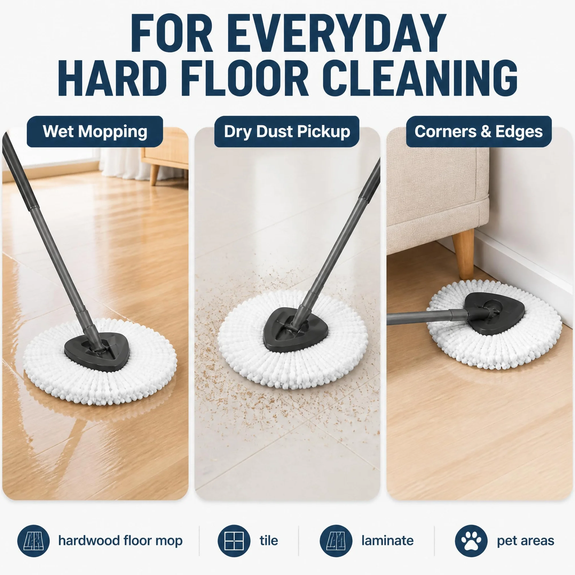 CLEAN PIONEER 6-pak wymiennych głowic do mopa kompatybilnych z Spin EasyWring Triangle Spin Mop, wkłady do mopa obrotowego z mikrofibry, łatwe czyszczenie, zamiennik głowicy mopa w 100% z mikrofibry
