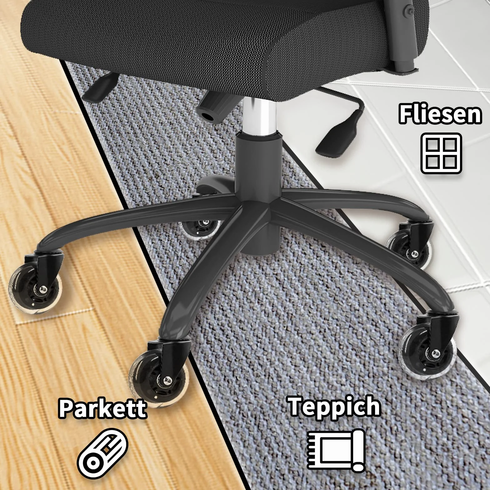 LUZOON Zestaw 5 kółek do krzeseł biurowych, 11x22 mm, obrót 360°, bez zarysowań, 250 kg