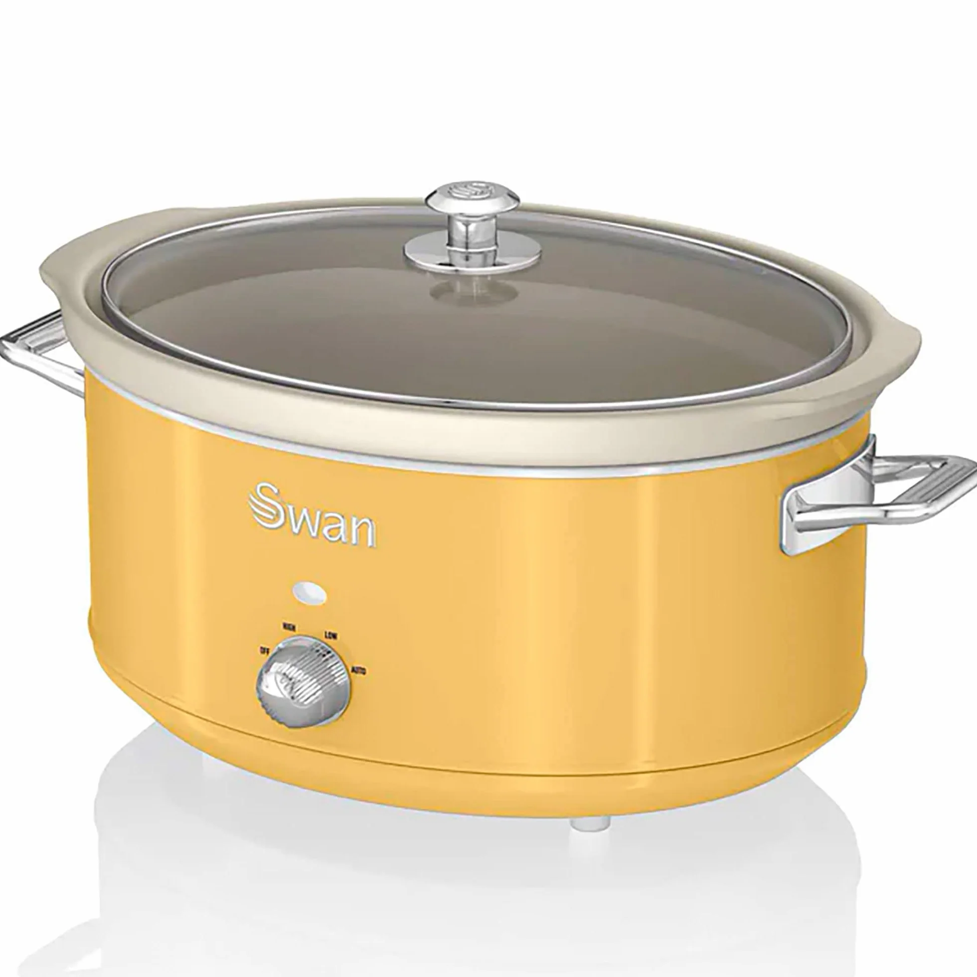 Swan Retro SF17031YELNEU wolnowar 6,5 l Wymienny pojemnik, nieprzywierająca ceramika wolna od PFOA i PTFE, 3 poziomy temperatury, szklana pokrywa, powolny kucharz, vintage design, żółty, 320 W