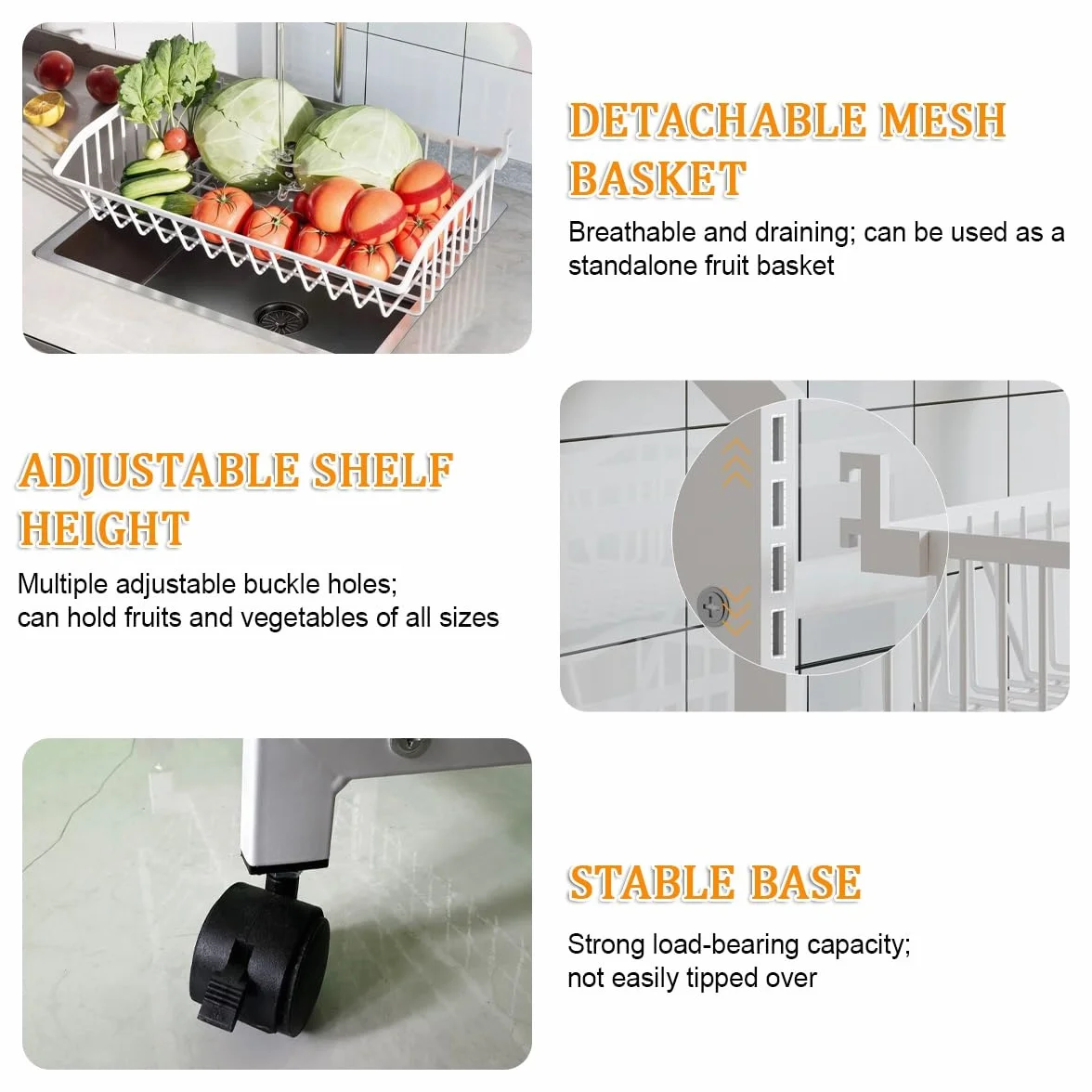 Display Rack,4-Tier Rolling Storage Cart With Wheels,Adjustable Metal Fruit & Vegetable Basket Organizer With Wood Handle,Mesh Wire Utility Rack For Kitchen,Food Sto(Black,5 Tier)