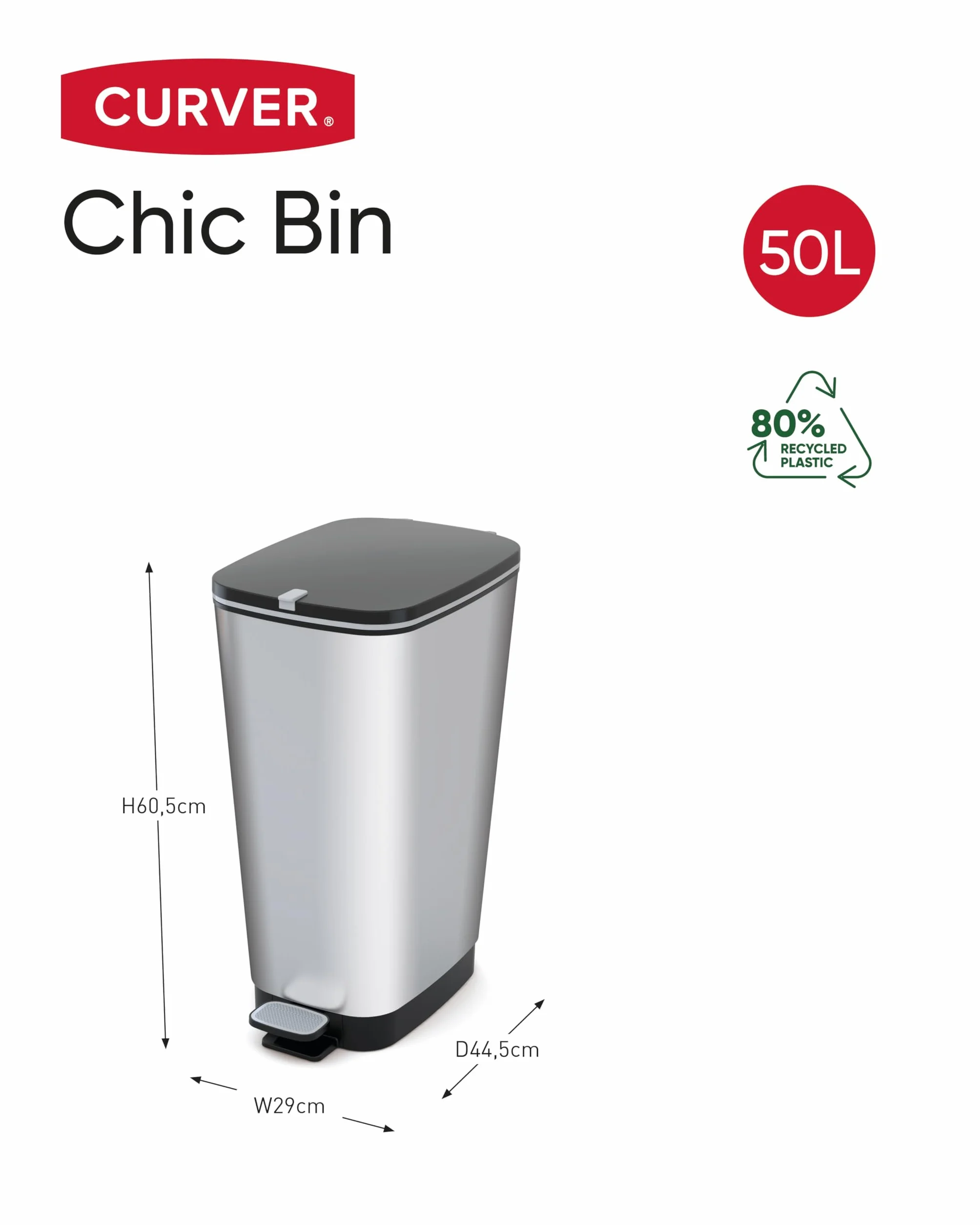 CURVER KIS Chic Bin Style kosz na pedały 45 l srebrny metaliczny 29 x 44,5 x 60,5 cm