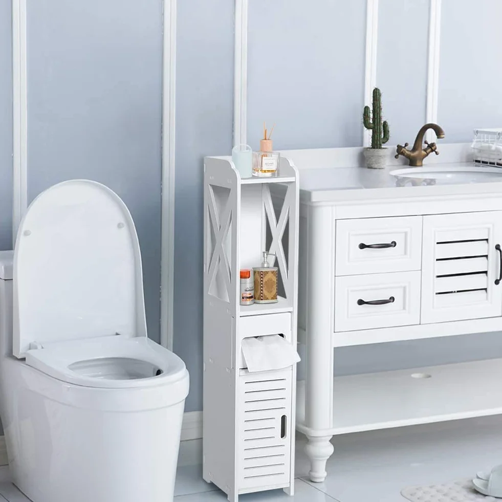 Badezimmerschrank Weiß Toilettenrollenhalter Badregal Standschrank Seitenschrank Standregal mit Papierschicht für Badezimmer Schlafzimmer Wohnzimmer Küche Flur, 80 x 15,5 x 15