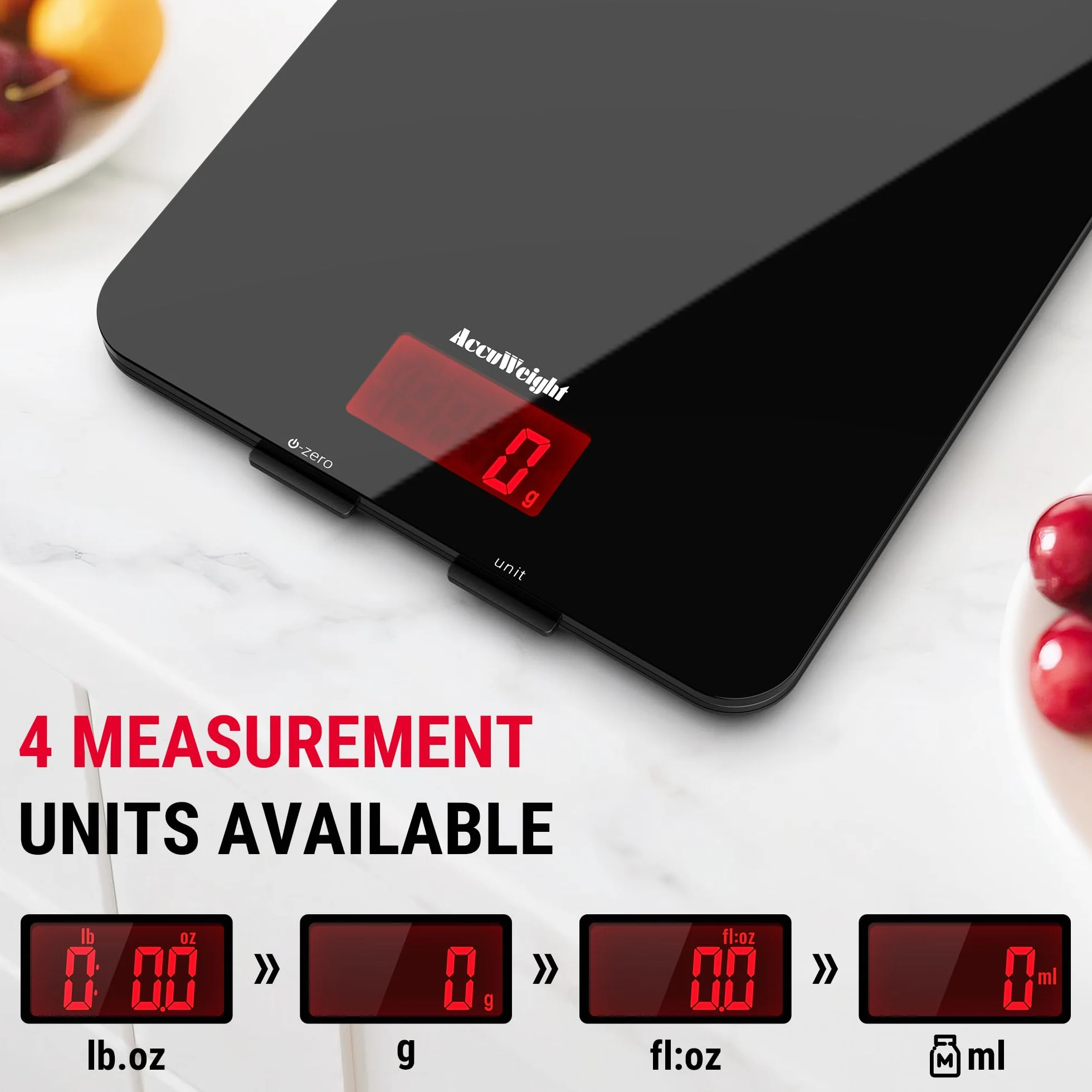 ACCUWEIGHT cyfrowa waga kuchenna ze szkła hartowanego, z wyświetlaczem LCD i dużą powierzchnią ważenia maks. 5 kg, dokładność 1 g, kolor czarny, funkcja tarowania