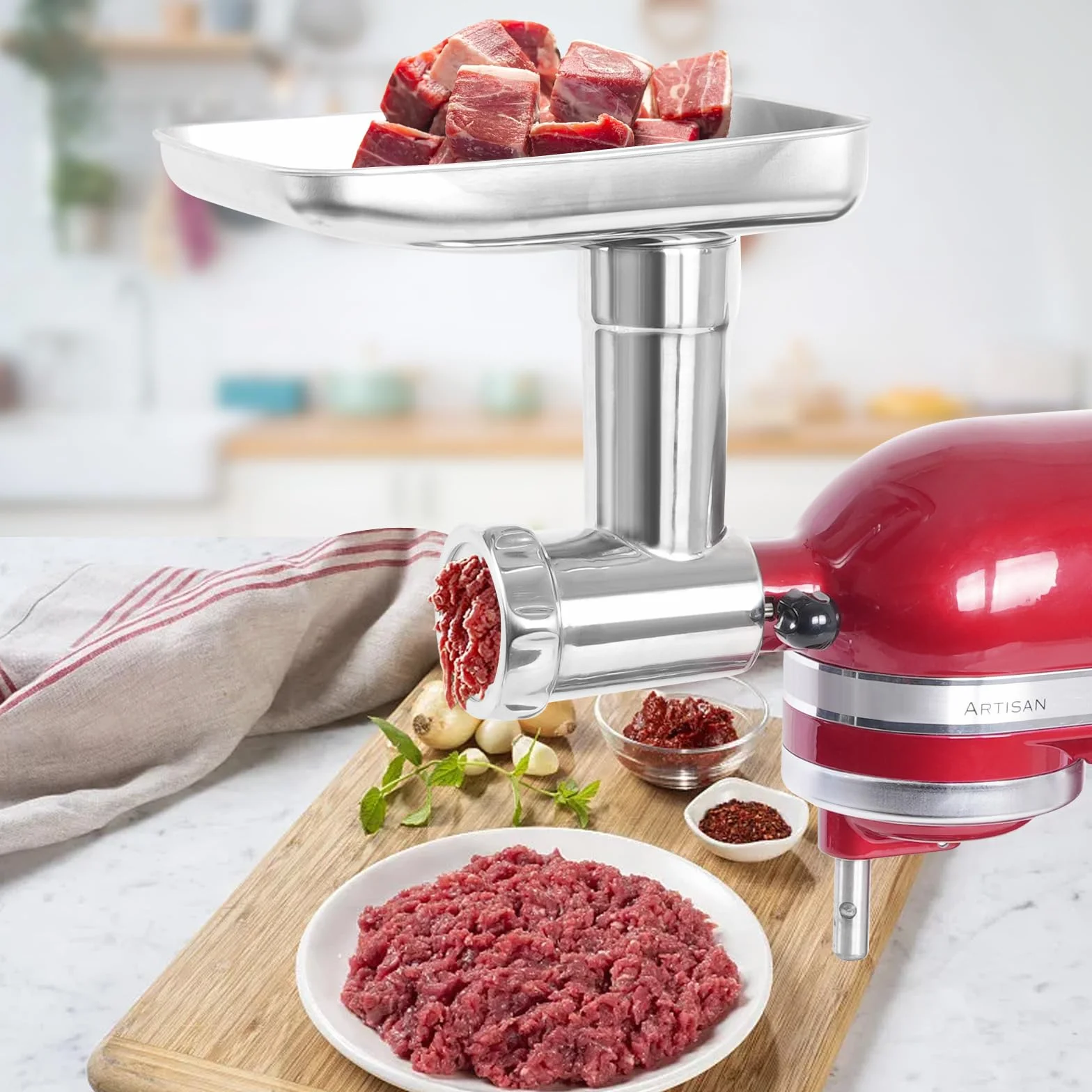Metalowy młynek do żywności ze stali nierdzewnej, kompatybilny z mikserami stojącymi KitchenAid, zawiera 3 rurki do nadziewania kiełbasy, nadaje się do mycia w zmywarce