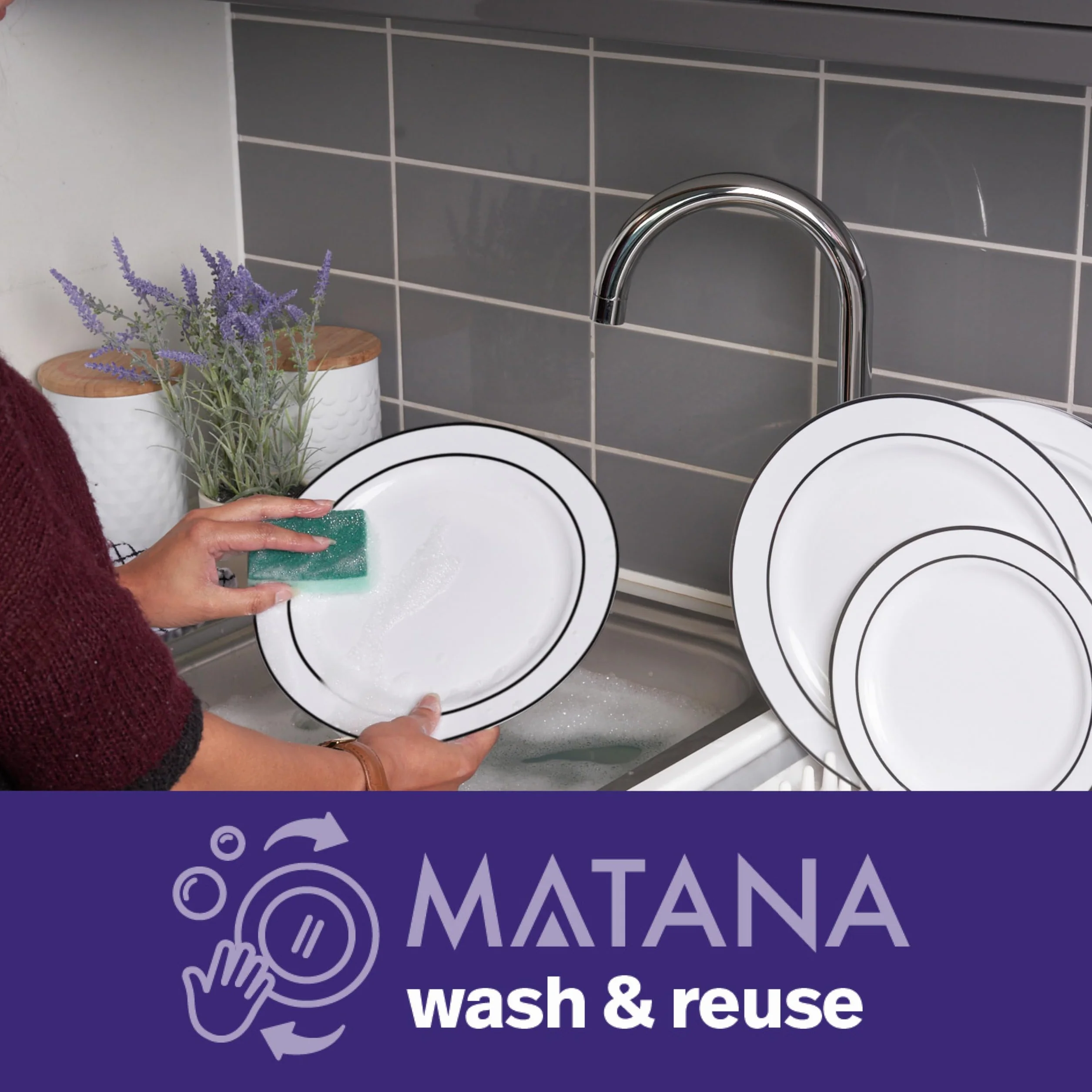 MATANA 25 białych plastikowych talerzy obiadowych premium z czarną krawędzią, 26 cm – eleganckie i wielokrotnego użytku talerze imprezowe na wesela, urodziny, piknik, grill, imprezy