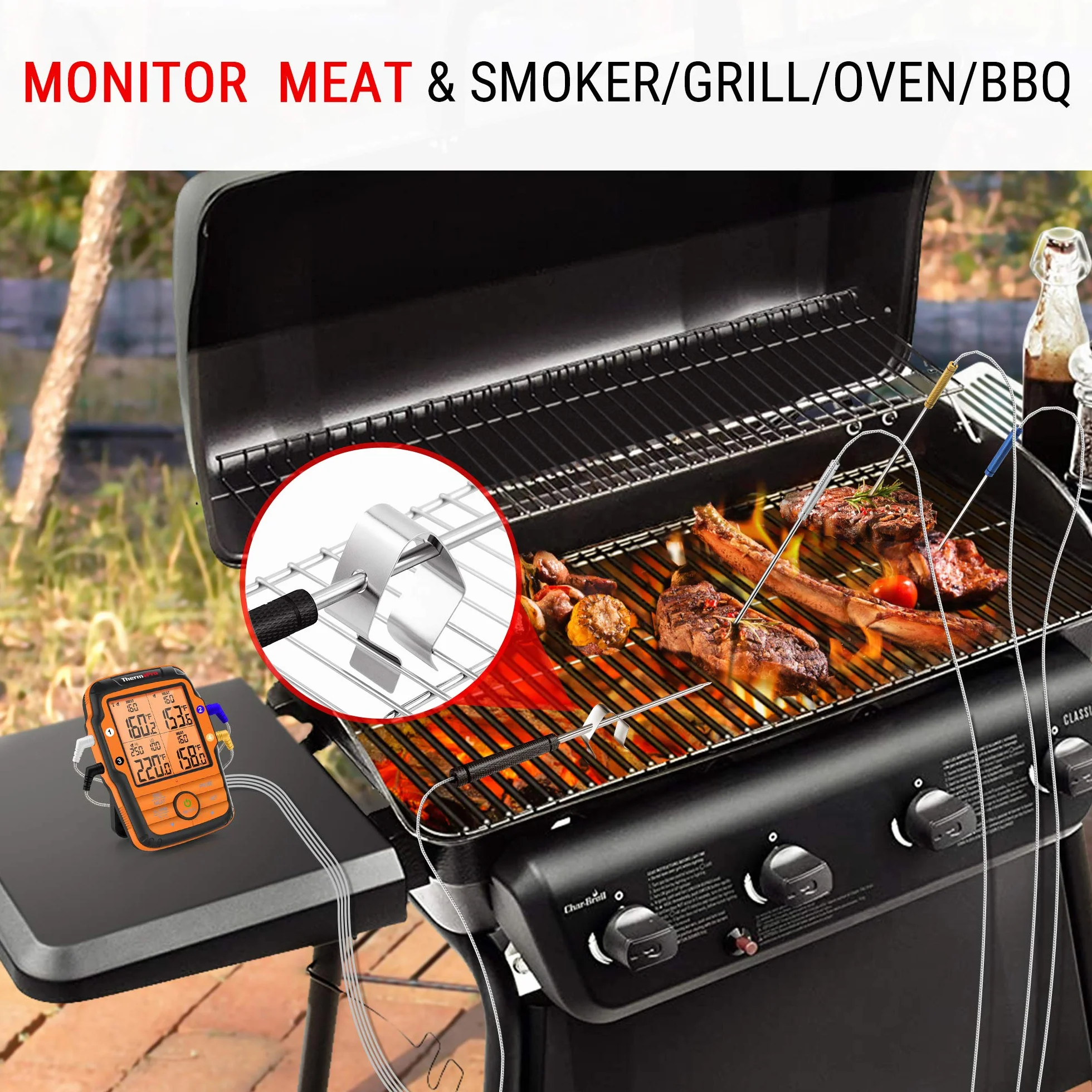 ThermoPro TP27C radiowy termometr do grilla z 4 sondami, 150 m, termometr do mięsa i smażenia, wodoszczelny IPX4, duży kuchenny z wyświetlaczem LCD do BBQ i grilla gazowego