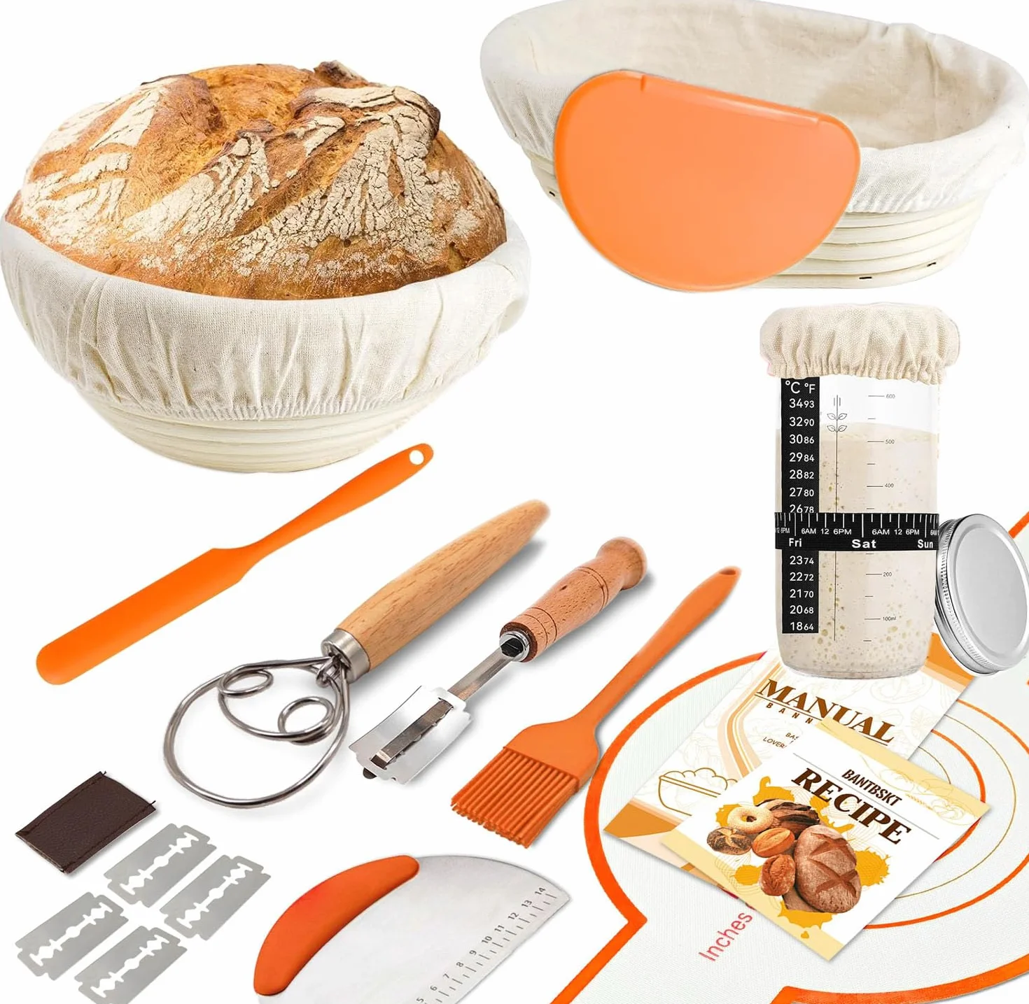 10-częściowy Zestaw do Pieczenia Chleba z Koszami i Nożem | 2 Kosze Fermentacyjne, Szkło Fermentacyjne, Skrobak i Trzepaczka, Nóż Piekarski, Szczotka w Zestawie