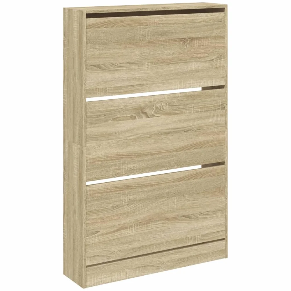 Szafka na buty dąb Sonoma z materiału drewnopochodnego 80 x 21 x 125,5 cm z 3 półkami, zajmuje mało miejsca, do korytarza, przedpokoju, wejścia, schowka, regał na buty, organizer