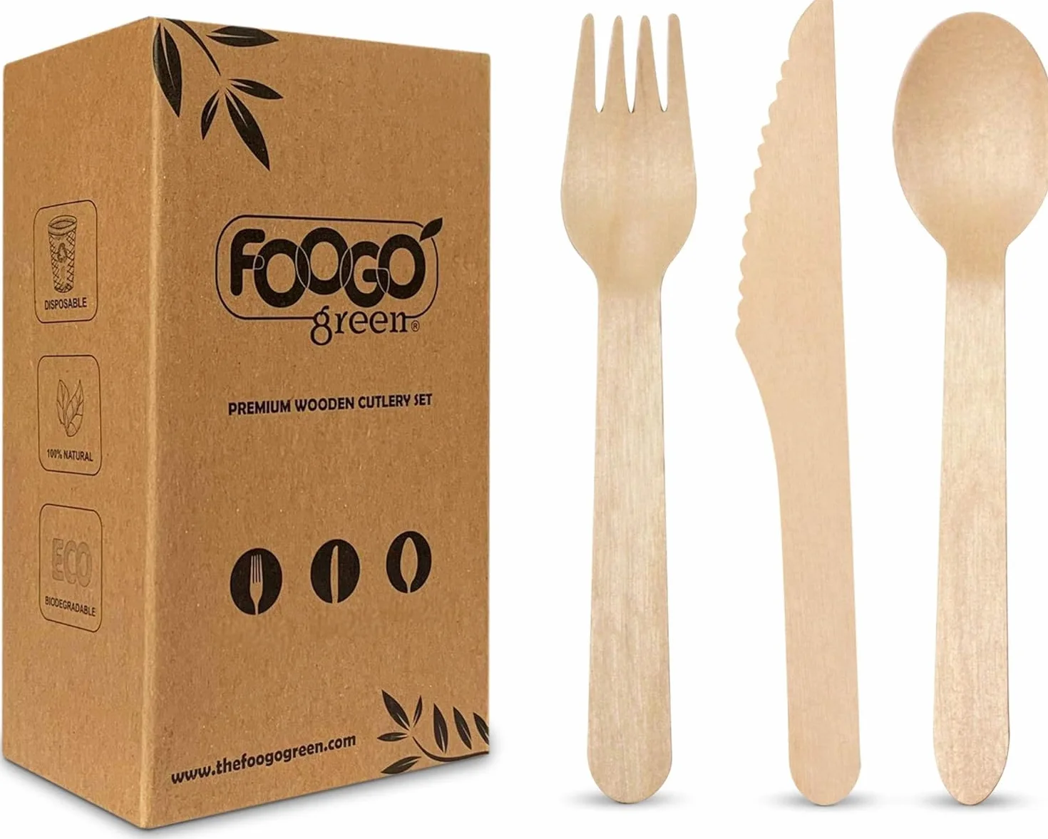 FOOGO Green Jednorazowy zestaw drewnianych sztućców, certyfikat FSC®, widelce, łyżki, noże, 16 cm, przyjazny dla środowiska, biodegradowalny, kompostowalny, ekologiczny zestaw sztućców, impreza
