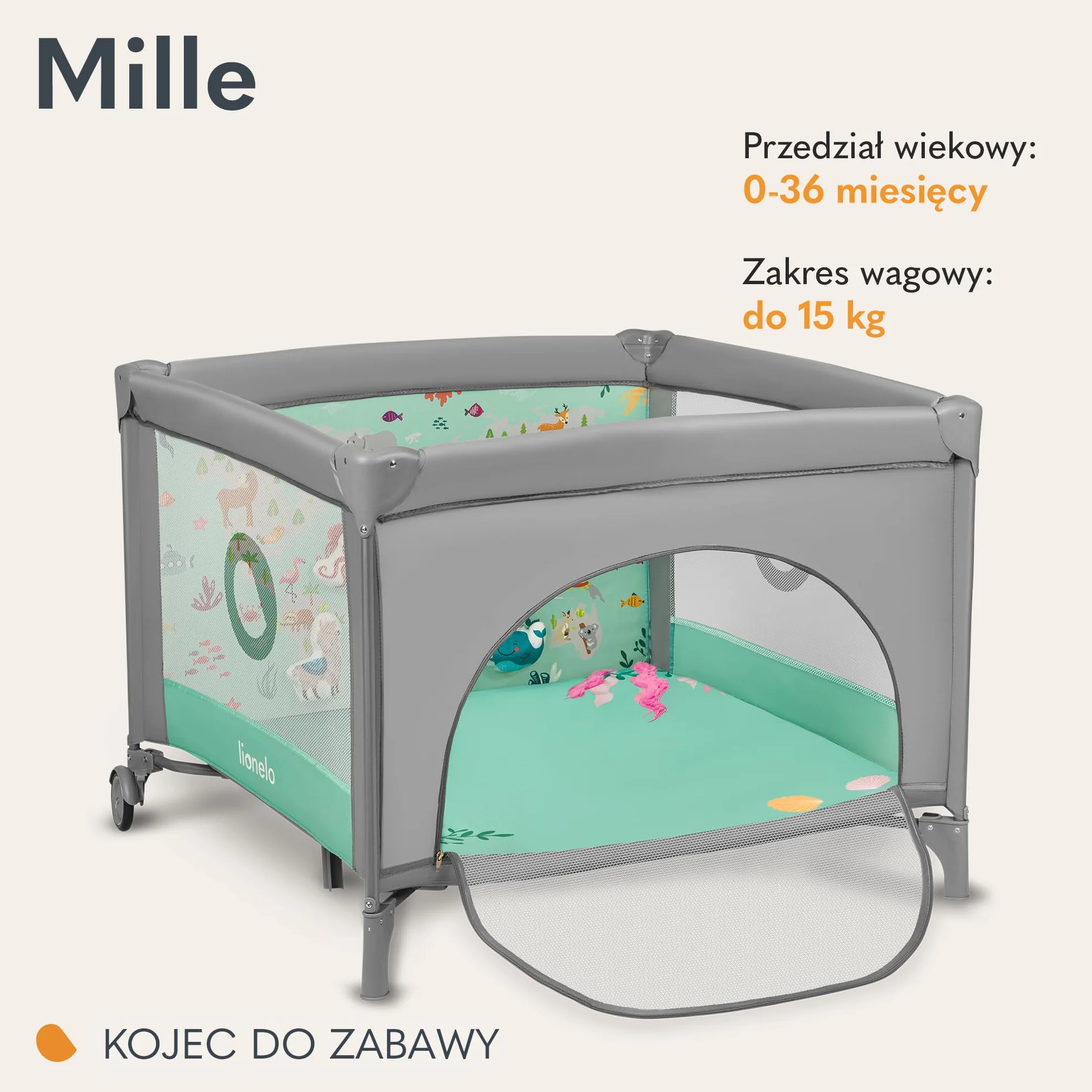 LIONELO MILLE Łóżeczko 2 w 1 Turystyczne Podróżne i Kojec dziecięcy do 15 kg 100x100cm 0-36 miesięcy, Boczne Wejście na Zamek, Materac, Koła z Hamulcem, Łatwe Składanie, Torba Transportowa