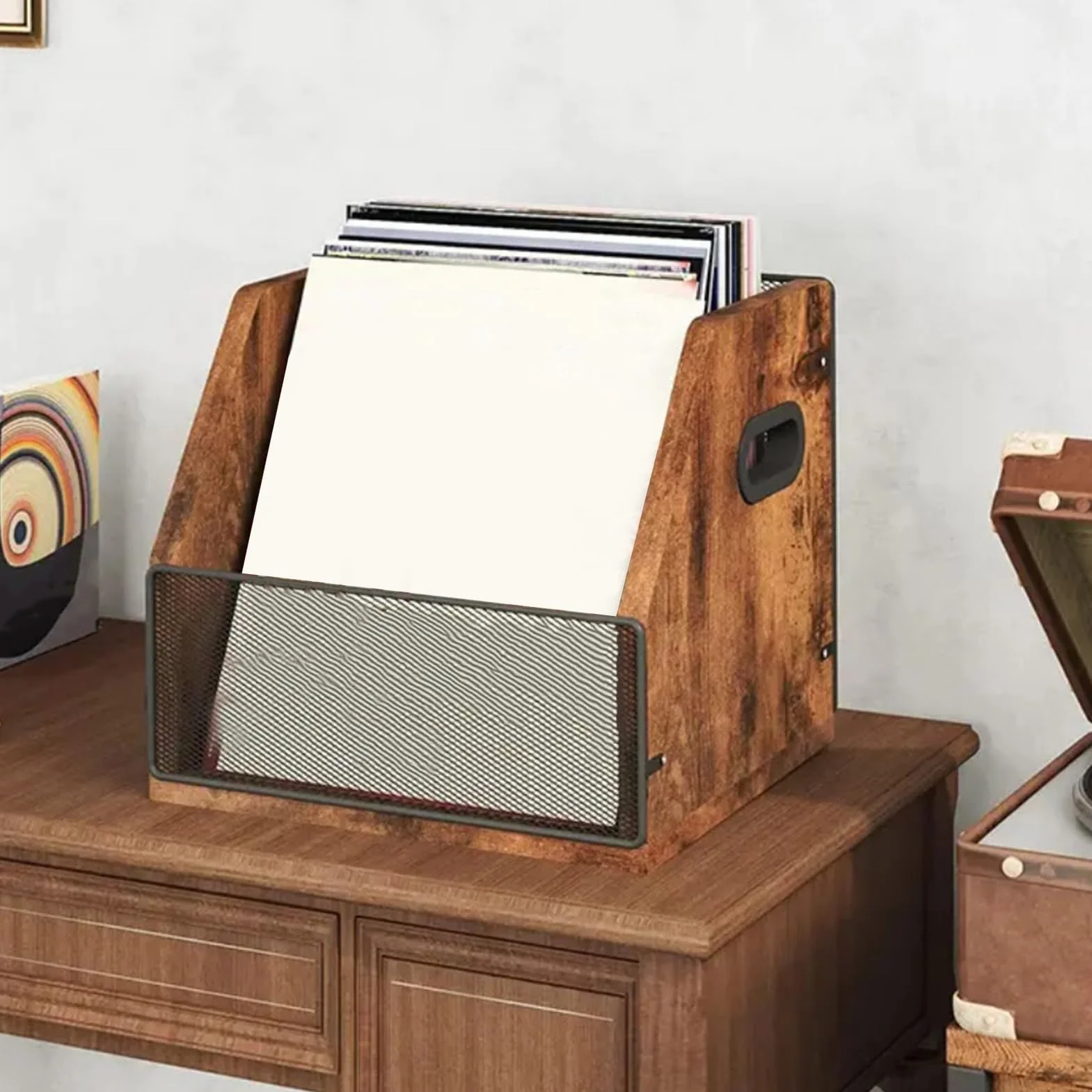 Biurkowe Pudełko Na Płyty Drewniane W Retro O Dużej Pojemności | Ścienny Biurkowy Pojemnik do Przechowywania Albumów do Garażu Szafy Salonu Sypialni Pokoju Akademika Mieszkania Młodzieży