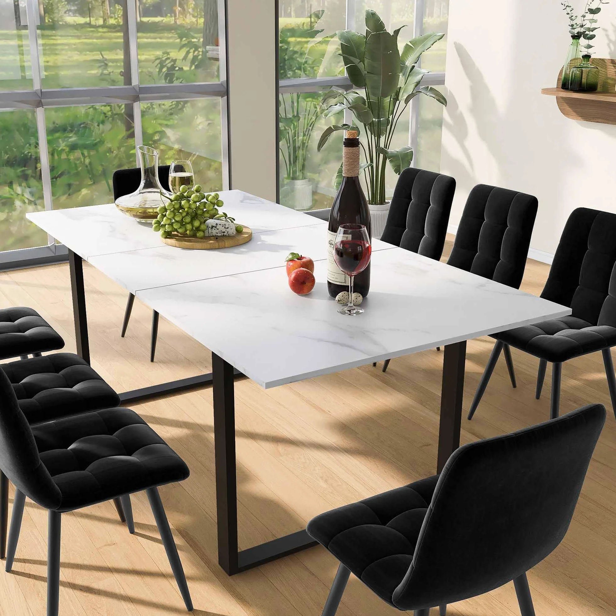 Nowoczesny stół do jadalni z 8 krzesłami, składany, wysuwany (140/180 x 80 x 75 cm), biały blat z płyty MDF, czarny aksamit, elastyczne nóżki regulacyjne, idealny dla rodziny i spotkań towarzyskich.