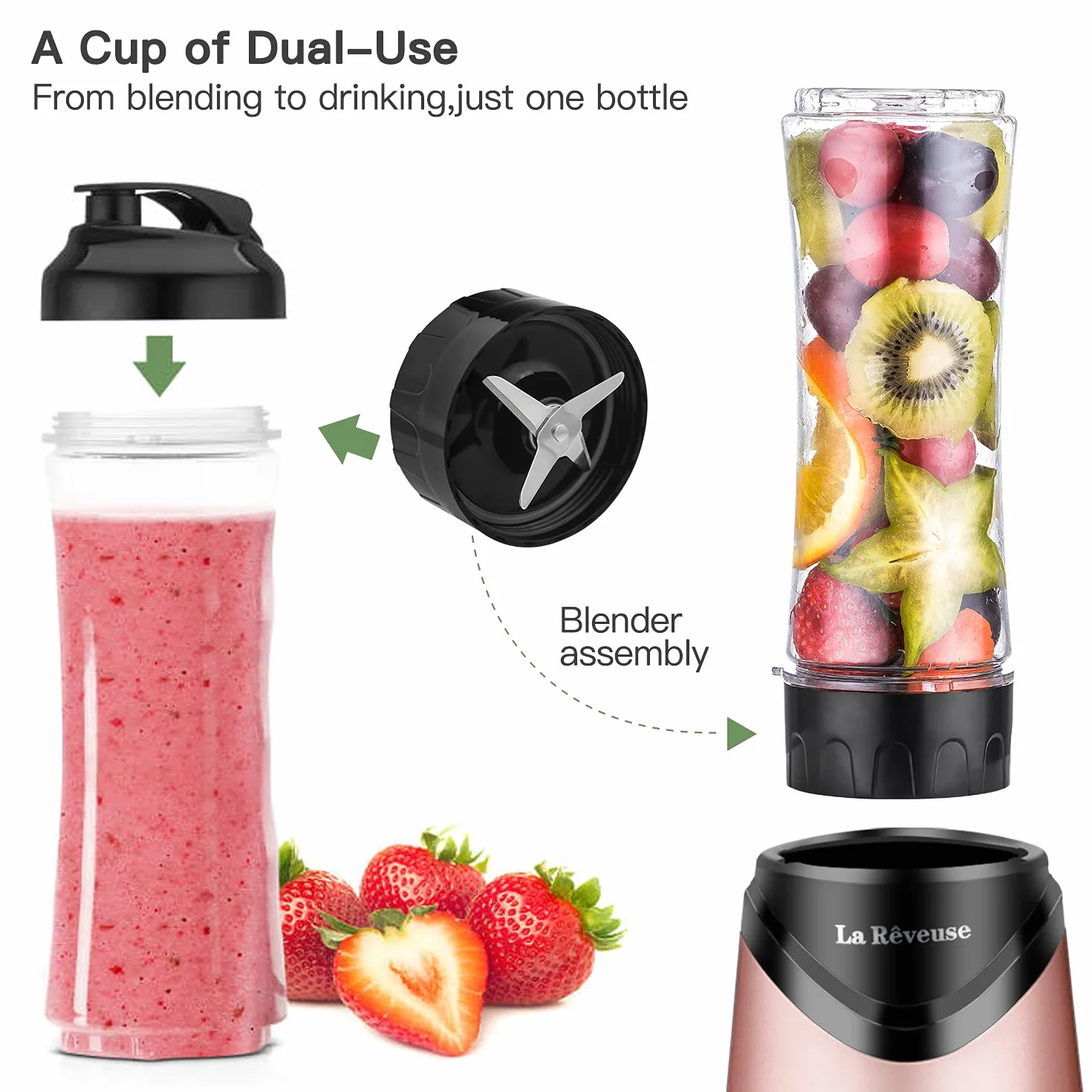 La Rêveuse Mix&Go mikser stojący do smoothie mikser elektryczny 300 W, osobisty rozmiar, 2 przenośne butelki sportowe bez BPA (550 ml), różowy