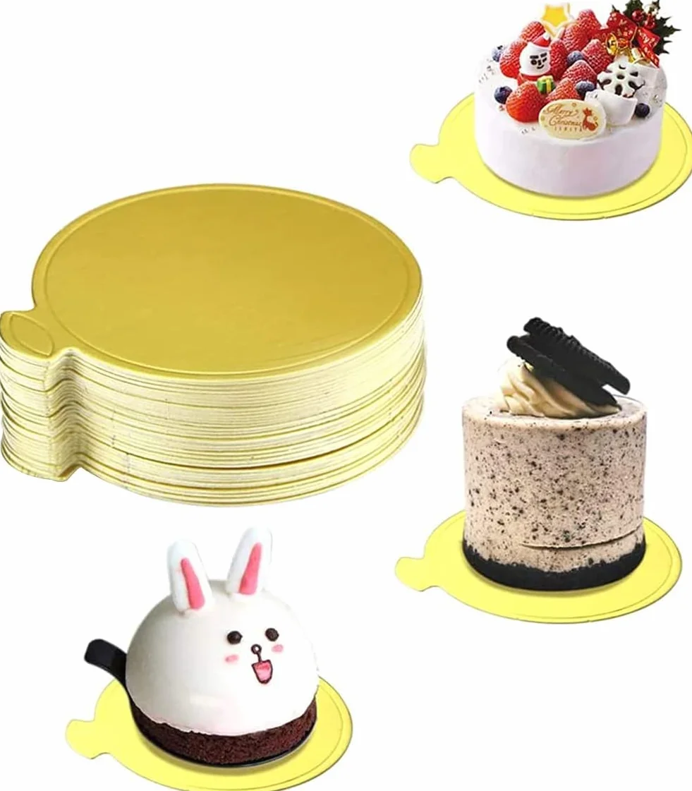 PIQIUQIU 100 SZTUK 8 cm Mousse Cake Boards Złoty papier Cupcake Deser Wyświetlacz Taca Płaska Taca Ciasto Okrągły