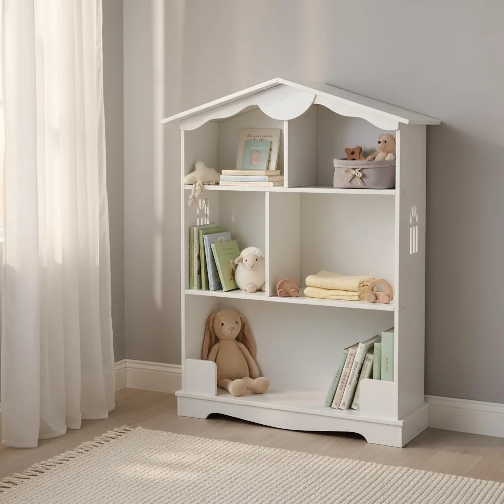 leomark Drewniany regał na zabawki i książki, biały regał na książki dla dzieci 76 x 30 x 101 cm, półka do przechowywania, organizer w kształcie domu do sypialni lub pokoju zabaw