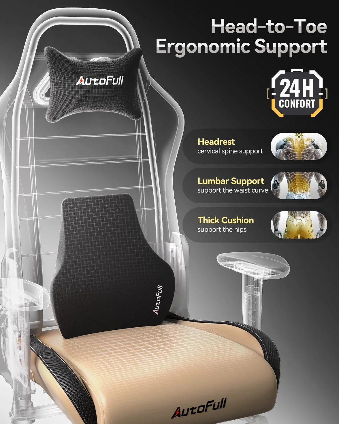 AutoFull C3 Ergonomiczny fotel biurowy z bionicznym podparciem lędźwiowym 3D, styl wyścigowy, wysokiej jakości skóra poliuretanowa, dla graczy, z podnóżkiem i zagłówkiem, brązowy