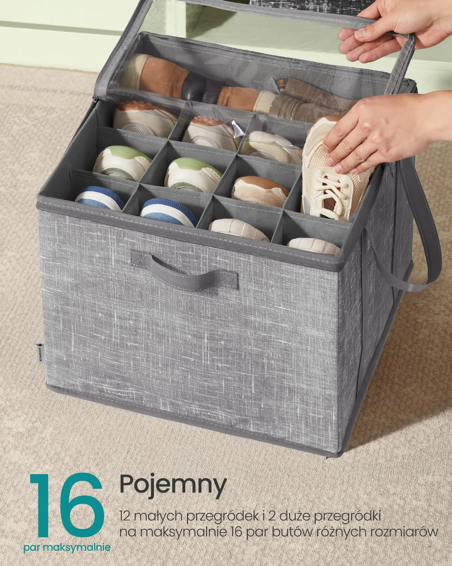 SONGMICS Organizer na buty, zestaw 2 szt., każdy na maksymalnie 16 par, pudełko do przechowywania butów, uchwyty, przezroczysta pokrywa, do sypialni, przedpokoju, garderoby, Rush Grey LSP602G01