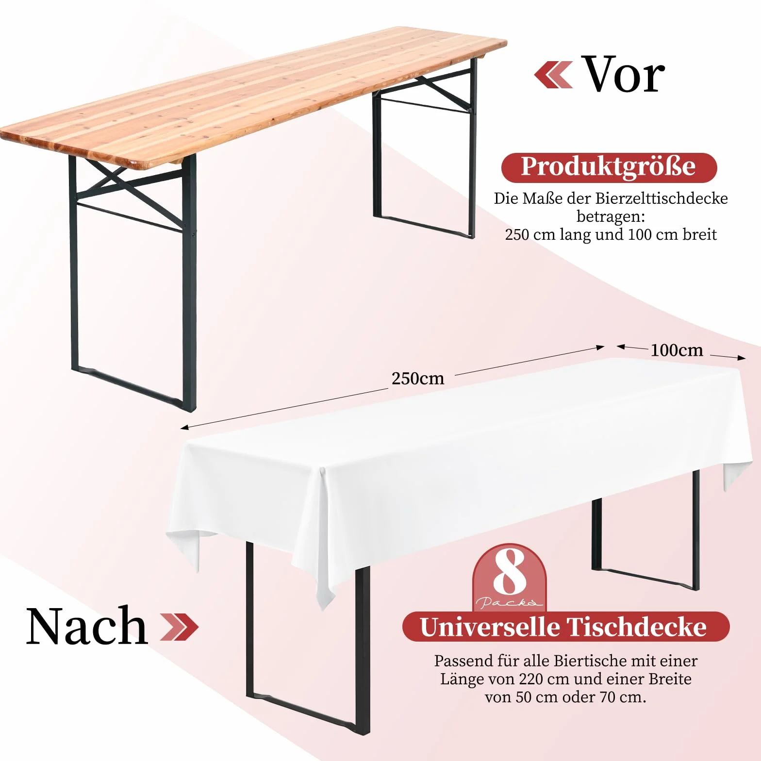 8 sztuk białych obrusów piwnych, uniwersalnych na stoły piwne 50 cm i 70 cm, obrusy na stół piwny, nieprzejrzyste poliestrowe pokrowce na stół piwny, prostokątne obrusy nadające się do prania, 250 x