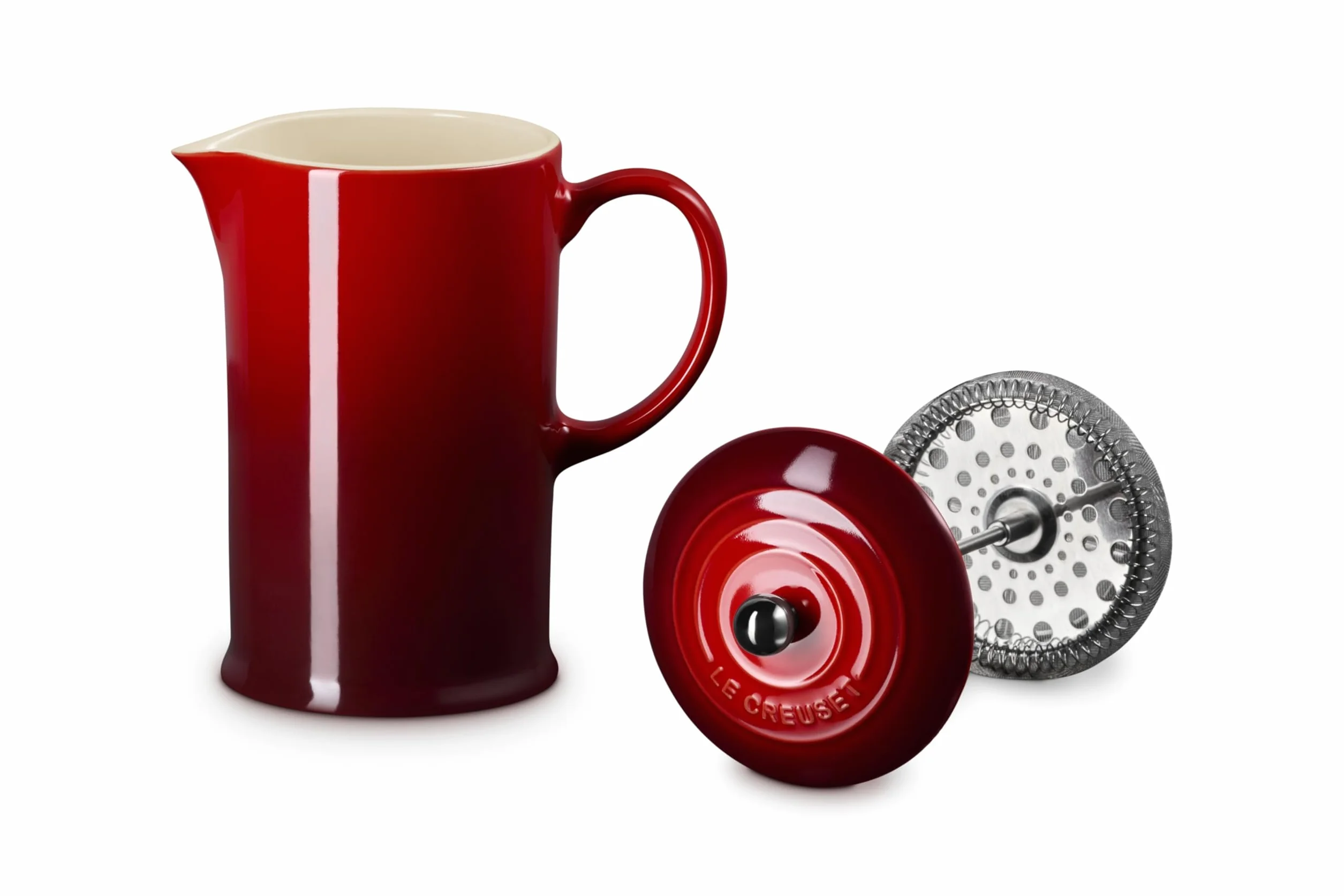 Le Creuset Kamionka Cafetière francuska prasa z tłokiem ze stali nierdzewnej, 1 l, nadaje się do 3-4 kubków, Cerise, 9102820006000; Wiśniowy