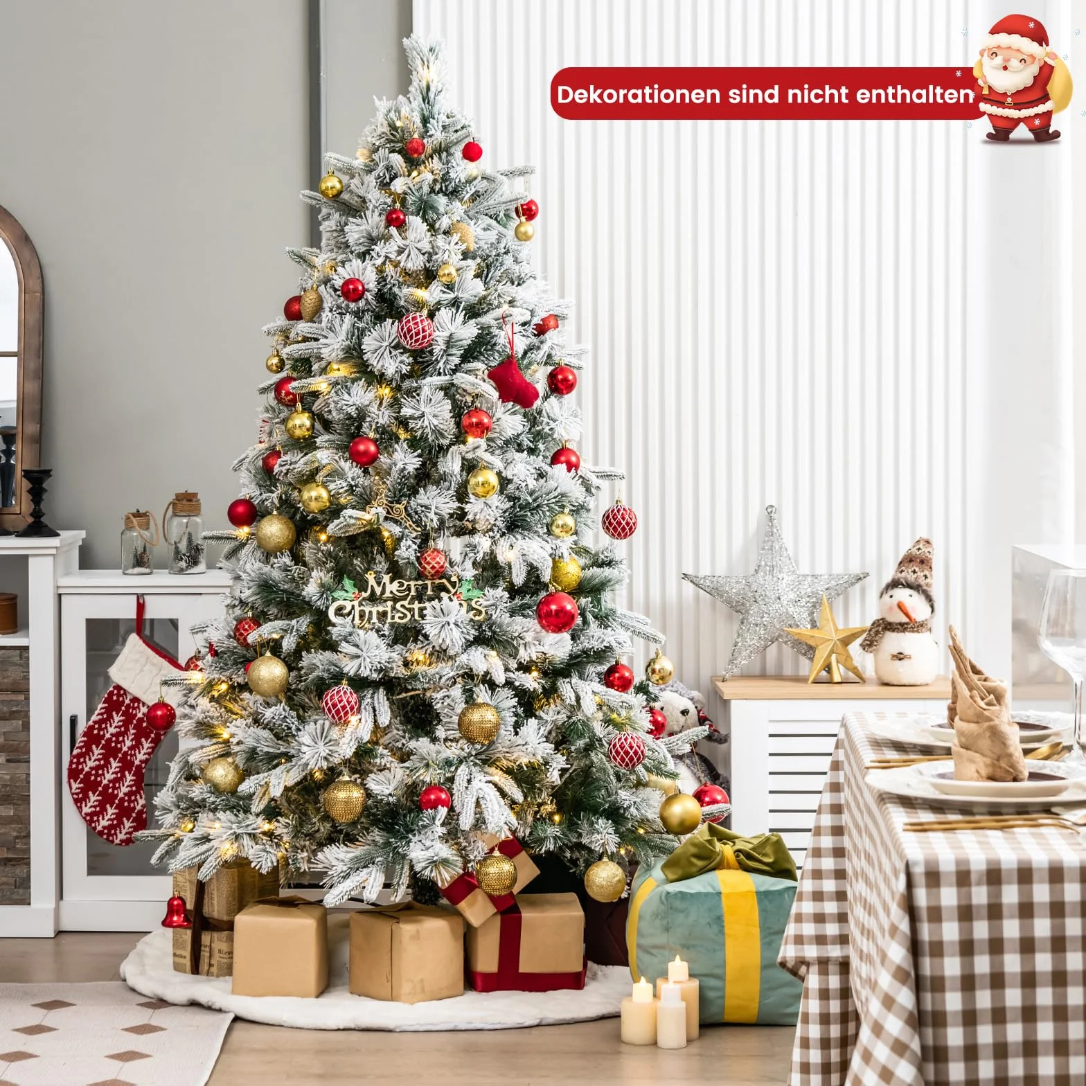 COSTWAY 180 cm sztuczna choinka z śniegiem i oświetleniem, choinka z 250 ciepłymi białymi diodami LED, 752 mieszanymi końcówkami gałęzi, choinka na Boże Narodzenie do domu, zielona