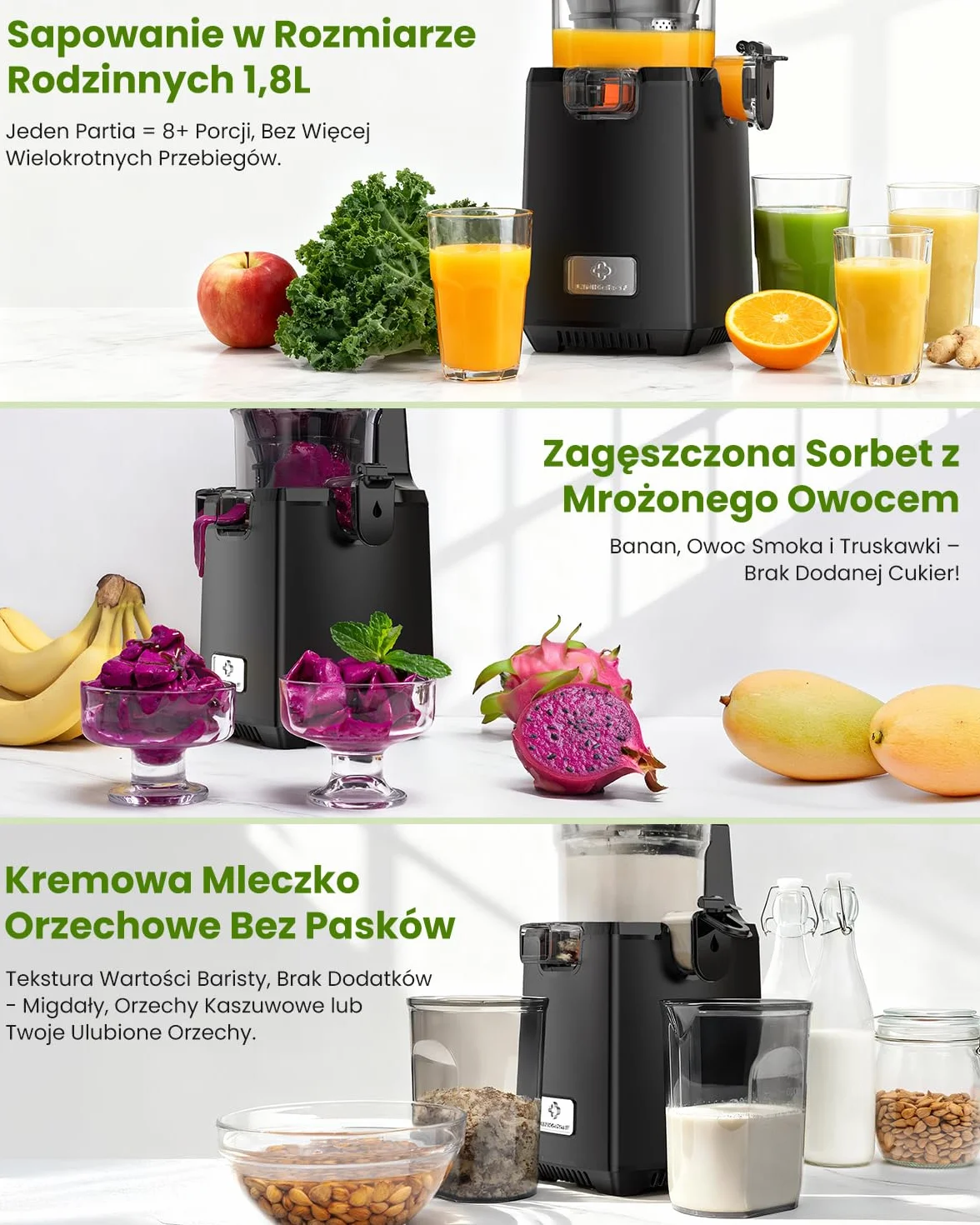 LINKChef Wyciskarka do soków na zimno, średnica 135 mm i pojemność 1,8 l, sokowirówka, całe owoce i warzywa, sokowirówka 250 W, powolna sokowirówka z automatycznym cięciem i tritanu bez BPA