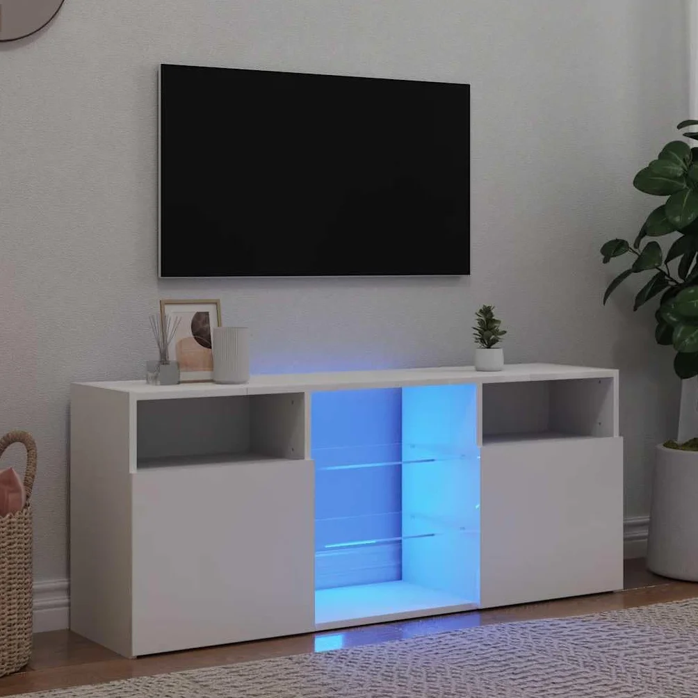 Szafka TV z diodami LED, biała, 120 x 30 x 50 cm, nowoczesna szafka pod telewizor z oświetleniem RGB, uniwersalna podstawka pod telewizor do salonu, konsola multimedialna