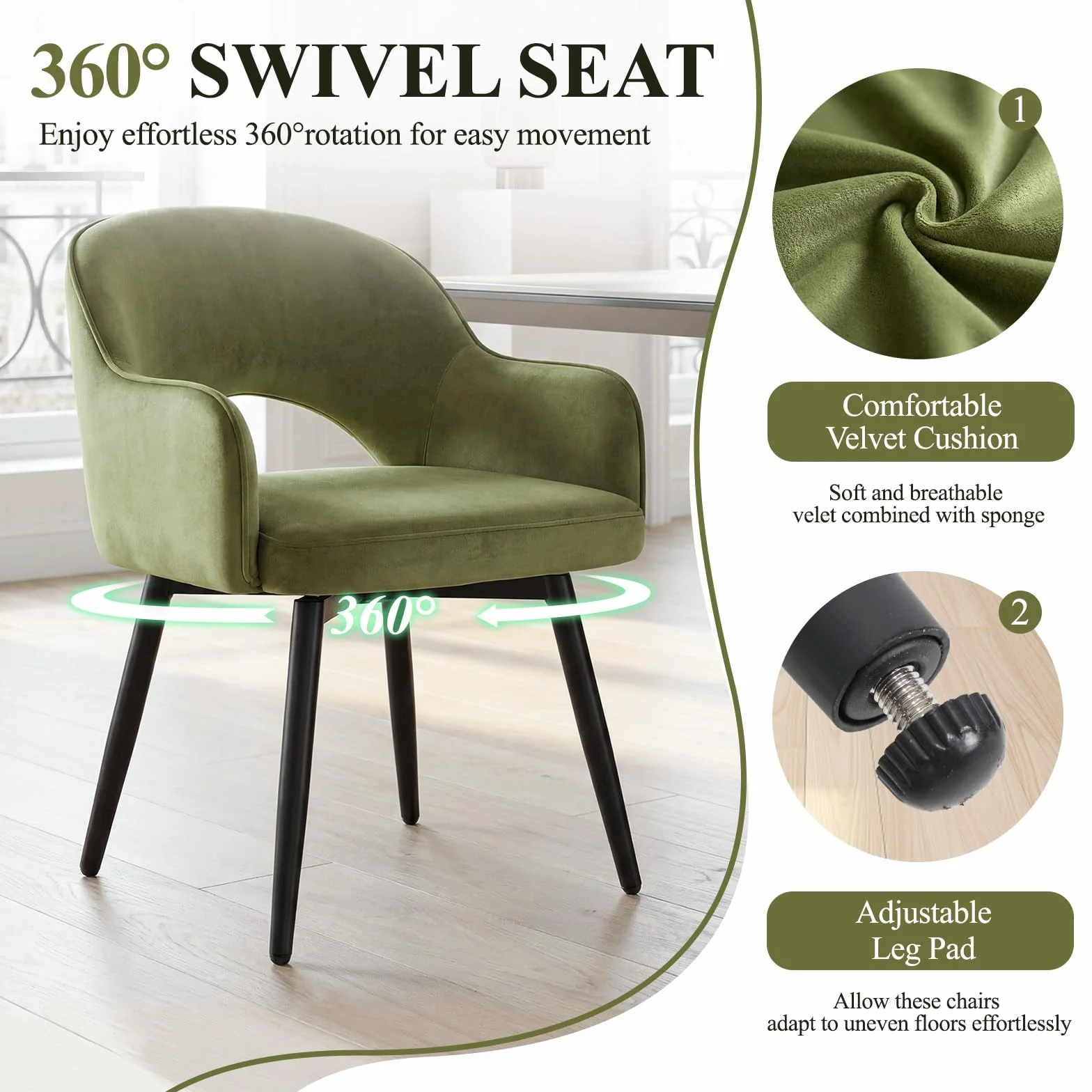 chairus Krzesła do jadalni, zestaw 2 sztuk, aksamitne, obracane o 360°, krzesła kuchenne, krzesła do jadalni, obrotowe, kuchenne z podłokietnikami (zielone)