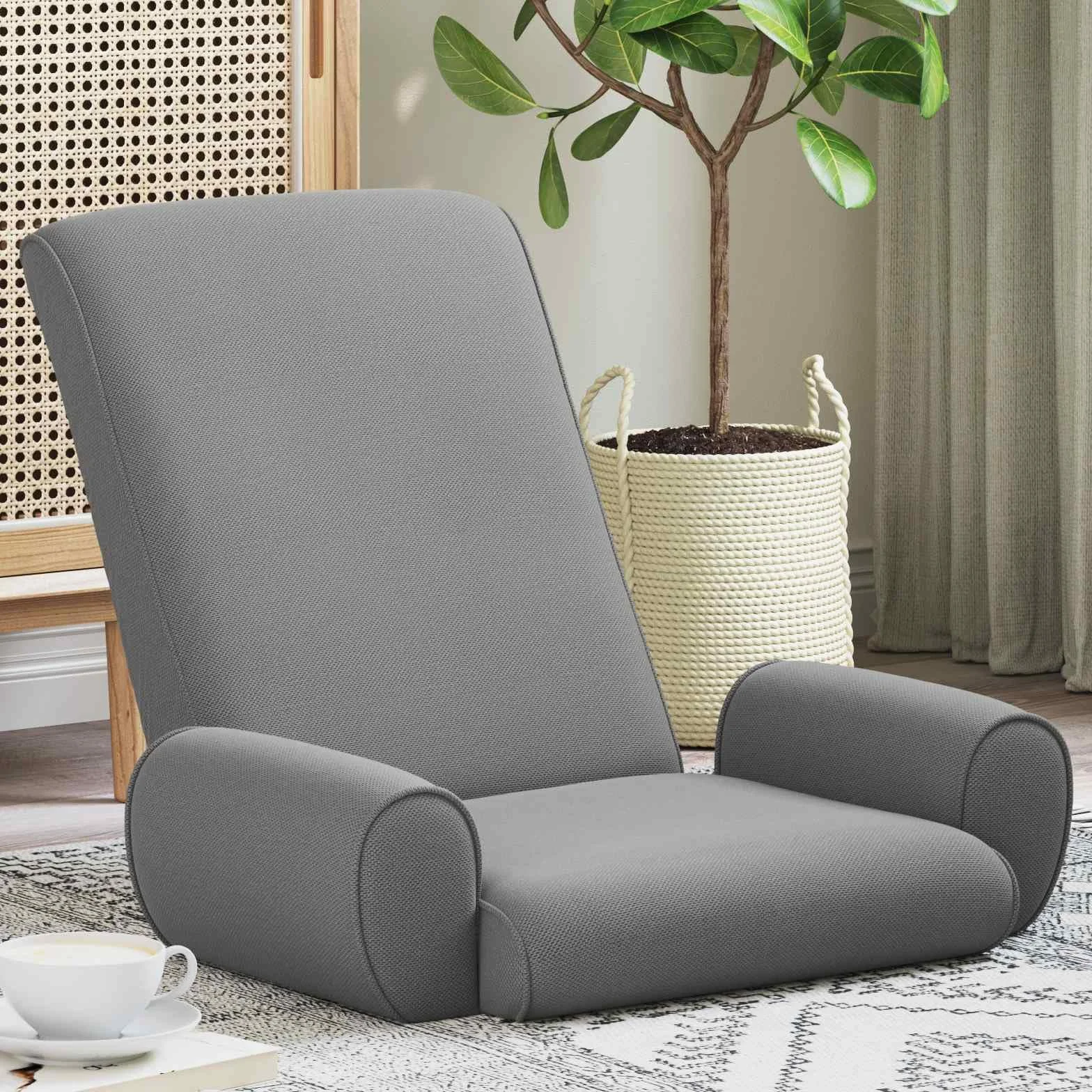 Regulowane krzesło podłogowe, ciemnoszare, gruby, welurowy, tapicerowane pod wieloma kątami, składane i ergonomiczne, do salonu, sypialni, medytacji gier, jogi, czytania