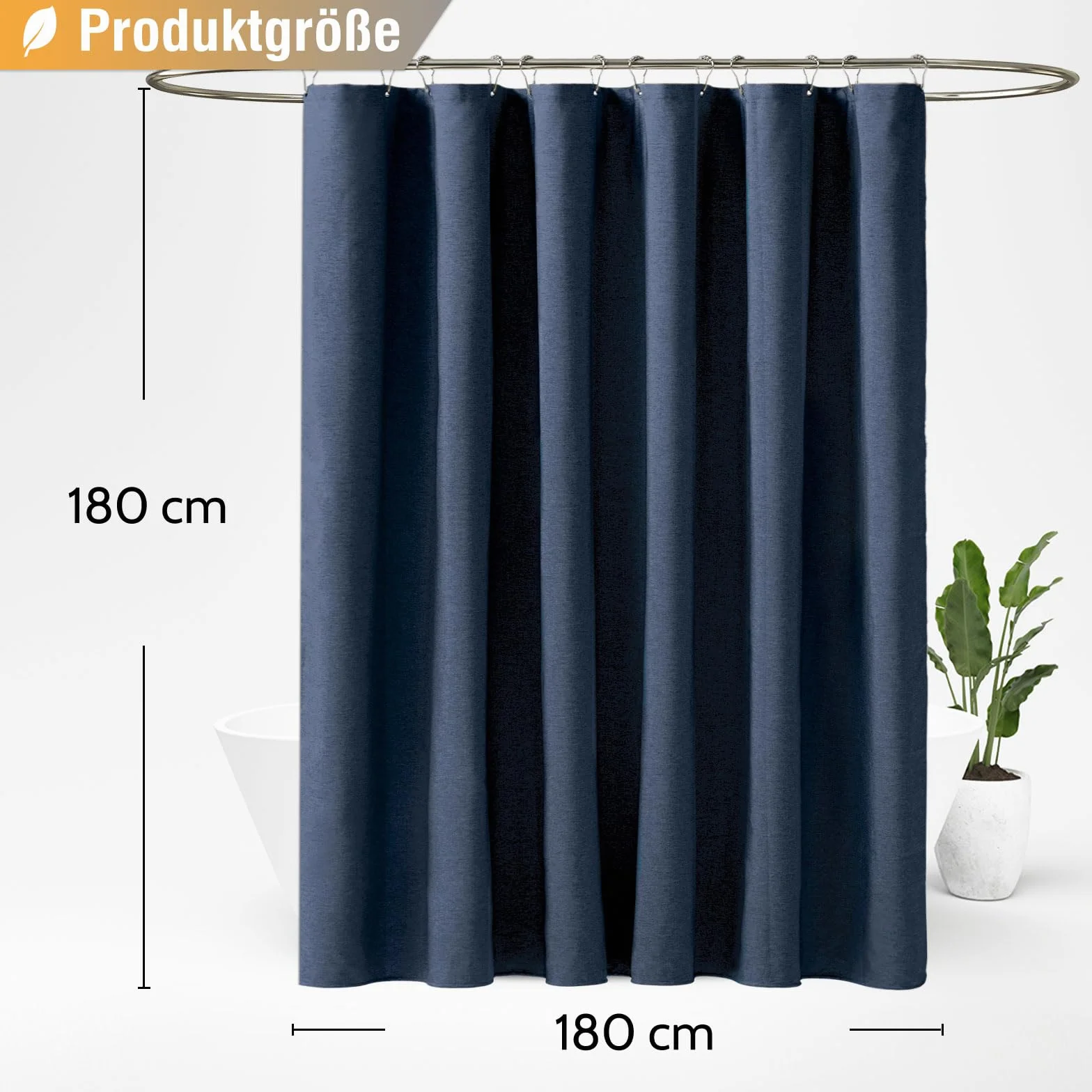BTTN Zasłona prysznicowa z materiału, 180 x 180 cm, tekstura lnu, odporna na pleśń, wodoodporna, tekstylna zasłona prysznicowa z 12 plastikowymi haczykami, obciążona poliestrowa zasłona prysznicowa do