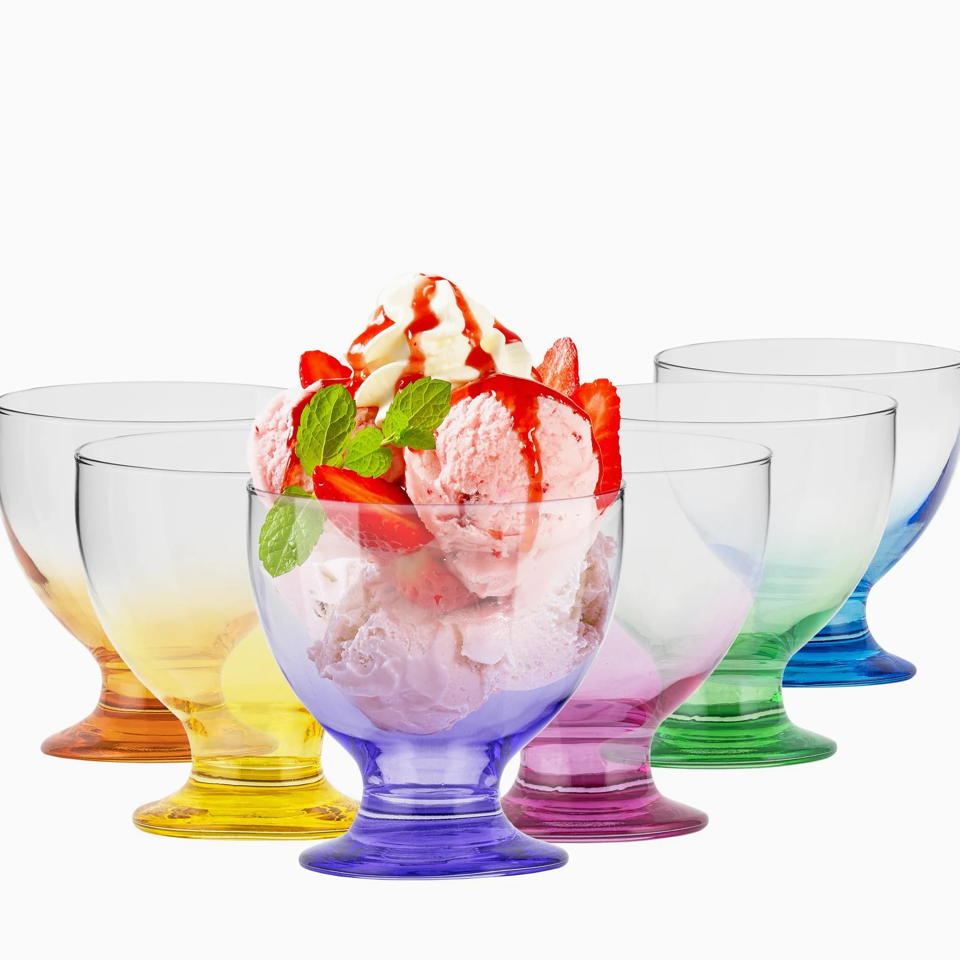 TREND FOR HOME Szklane Pucharki do Lodów Zestaw Szklanych Misek do Deserów na Grubej Nóżce Miseczki Deserowe Szkło Przeźroczyste z Kolorową Nóżką, Kolekcja Selina Rainbow Blast, 475 ml, 6 Sztuk