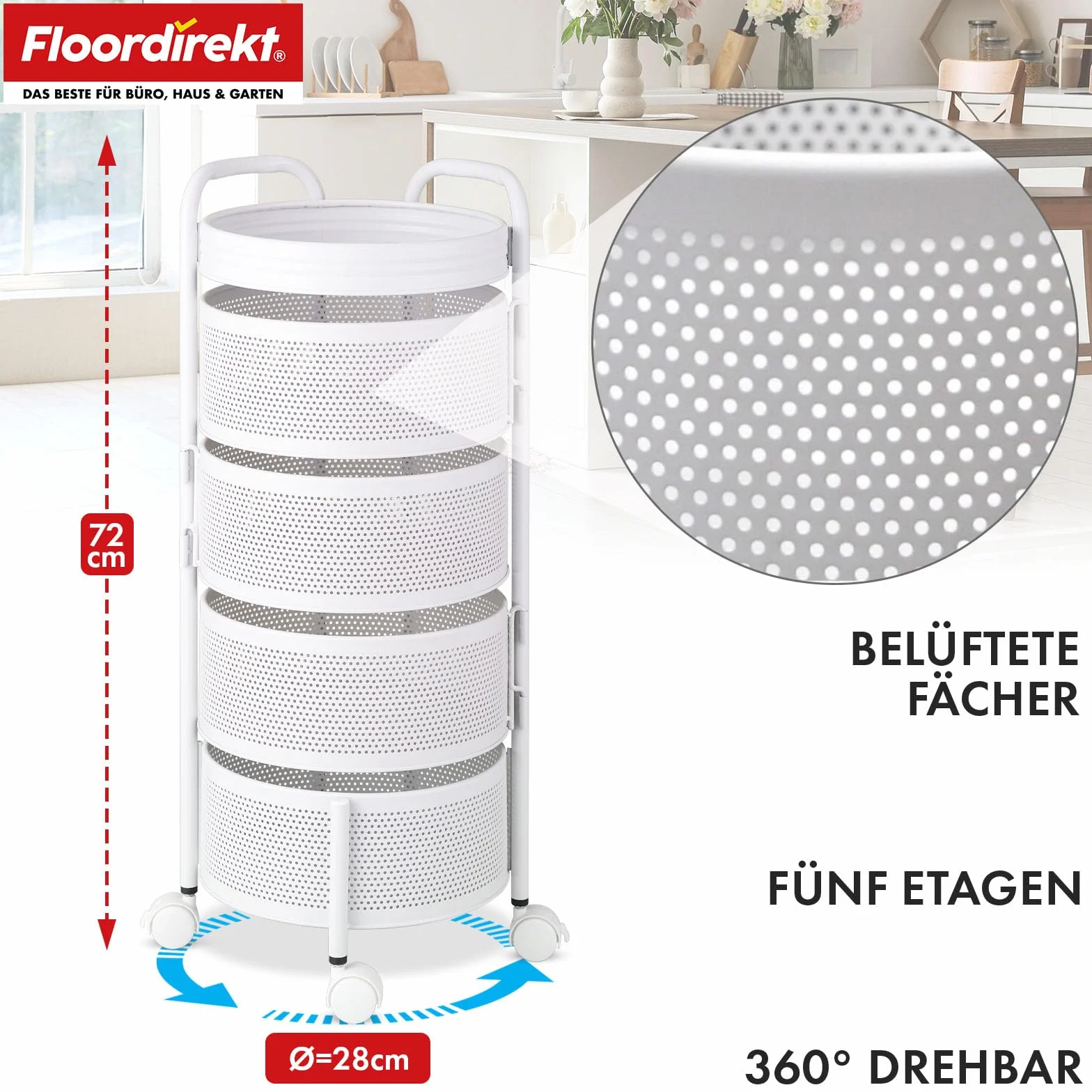 Floordirekt Wózek kuchenny, okrągły, regał kuchenny, regał na warzywa z kółkami, wózek na owoce, wózek do przechowywania do kuchni, łazienki, salonu, pokoju dziecięcego – Henry (4 poziomy)