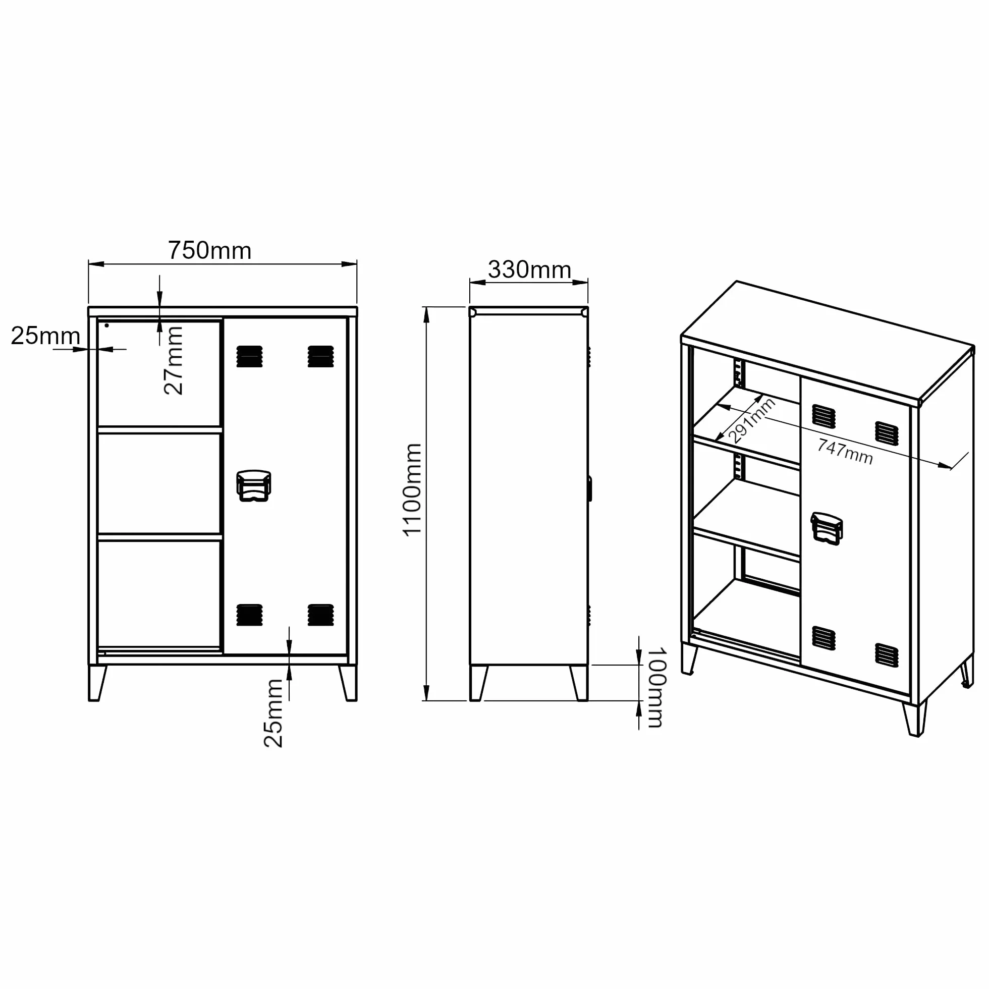 Oripää metalowa szafka do salonu, 110 x 75 x 33 cm, szafka na akta, szafka warsztatowa z 2 drzwiami i 2 półkami o regulowanej wysokości, biała