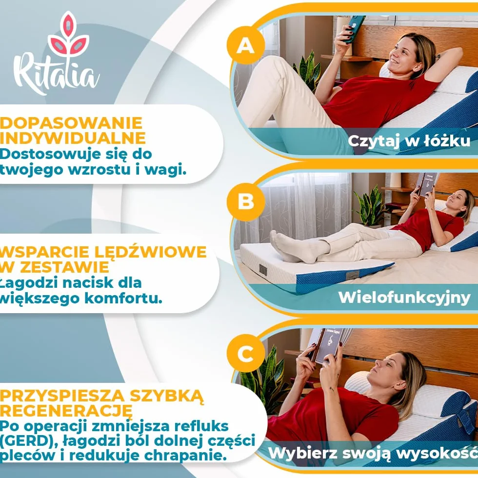 Ritalia poduszka do czytania 60x60x30 cm klin przeciwrefluksowa dla dorosłych