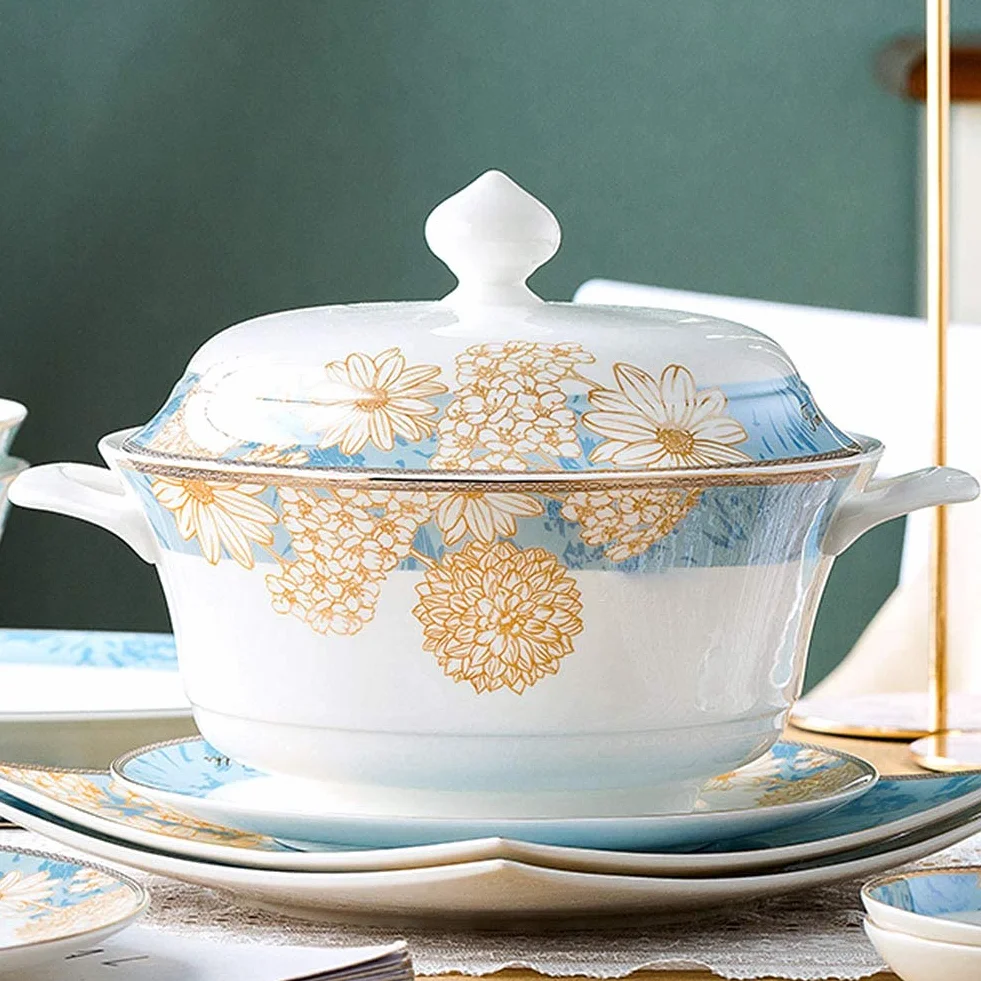 Luksusowy zestaw obiadowy z porcelany, 60 sztuk, ręcznie robione zestawy obiadowe z chińskiej ceramiki pałacowej | Talerze/miski – zestaw kombinacji zastawy stołowej
