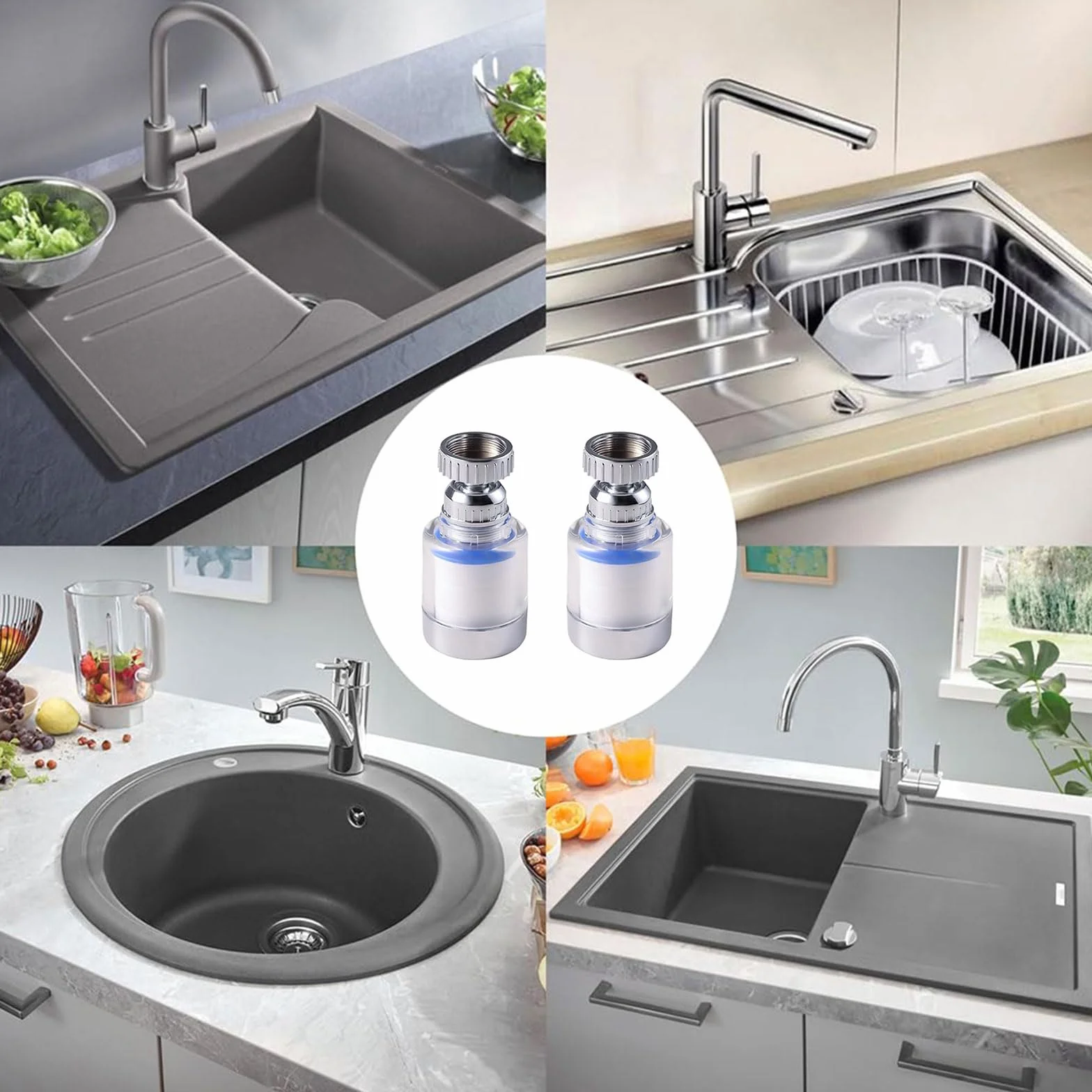 JOYOLA 2 sztuki filtrów do wody, kran, filtr do wody pitnej 360°, z 5 elementami filtrującymi z bawełny PP, do domu, kuchni, łazienki, umywalki